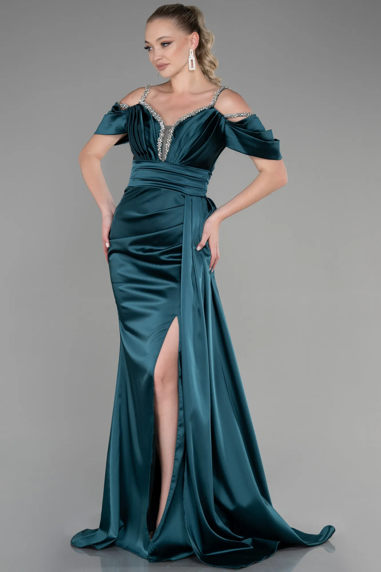 Emerald Green-Long Satin Evening Dress ABU3398