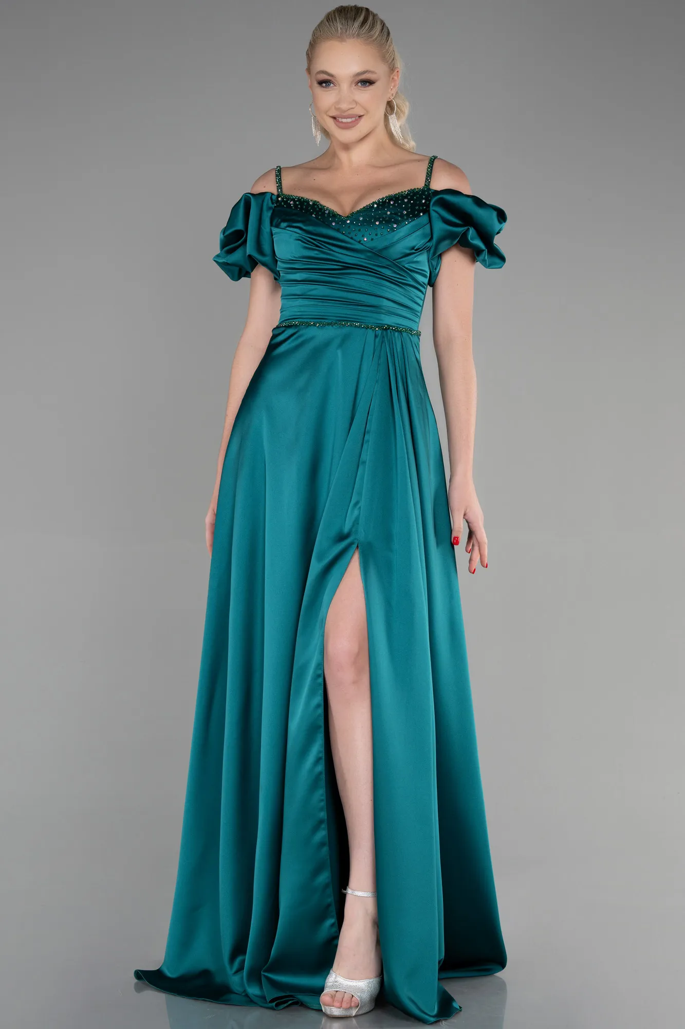 Emerald Green-Long Satin Evening Dress ABU3457