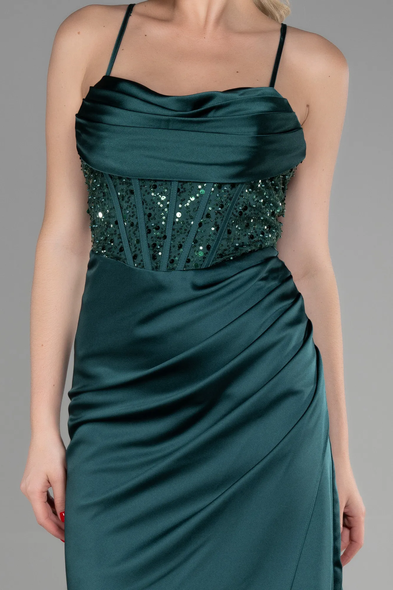 Emerald Green-Long Satin Evening Dress ABU3459
