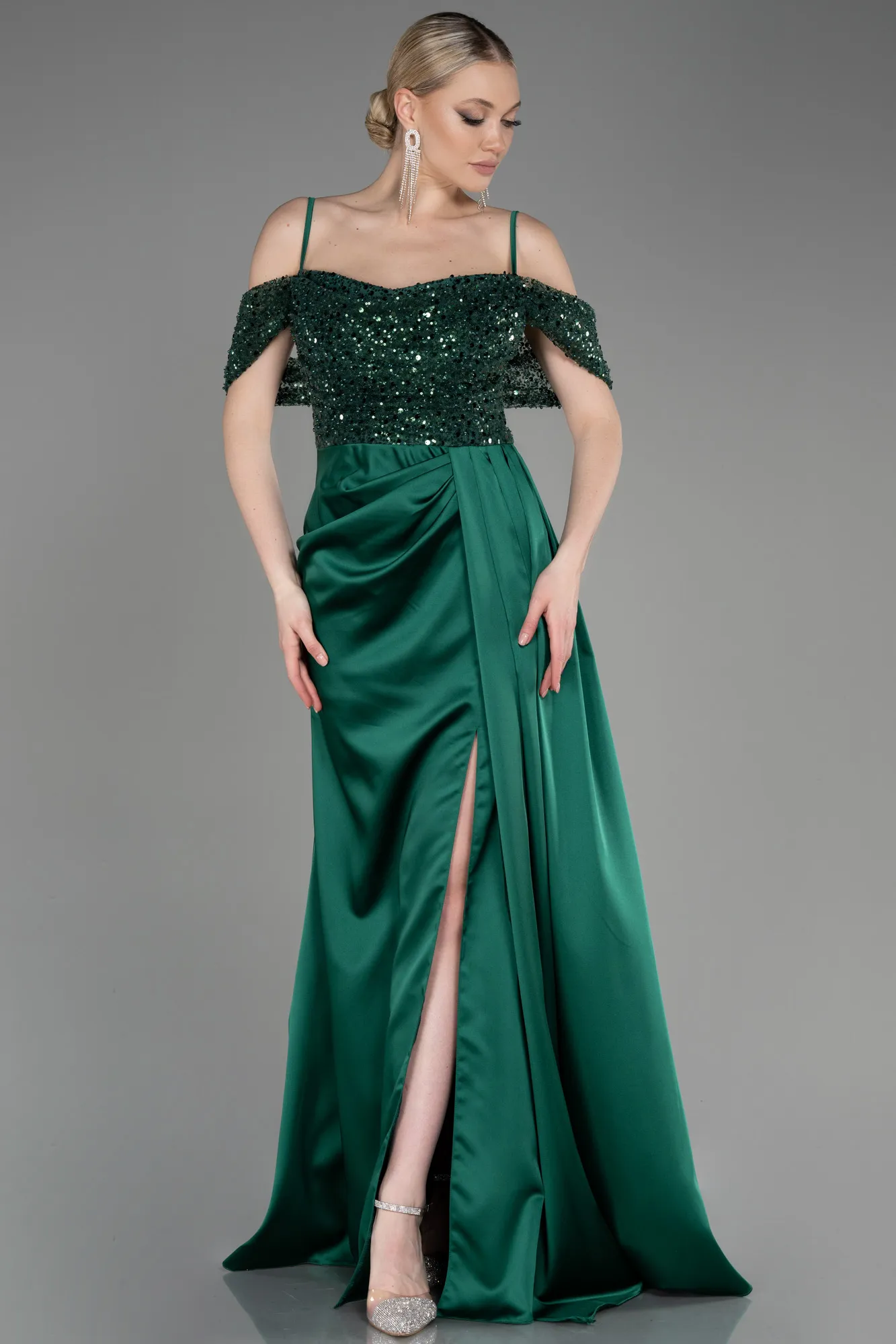 Emerald Green-Long Satin Evening Dress ABU3521