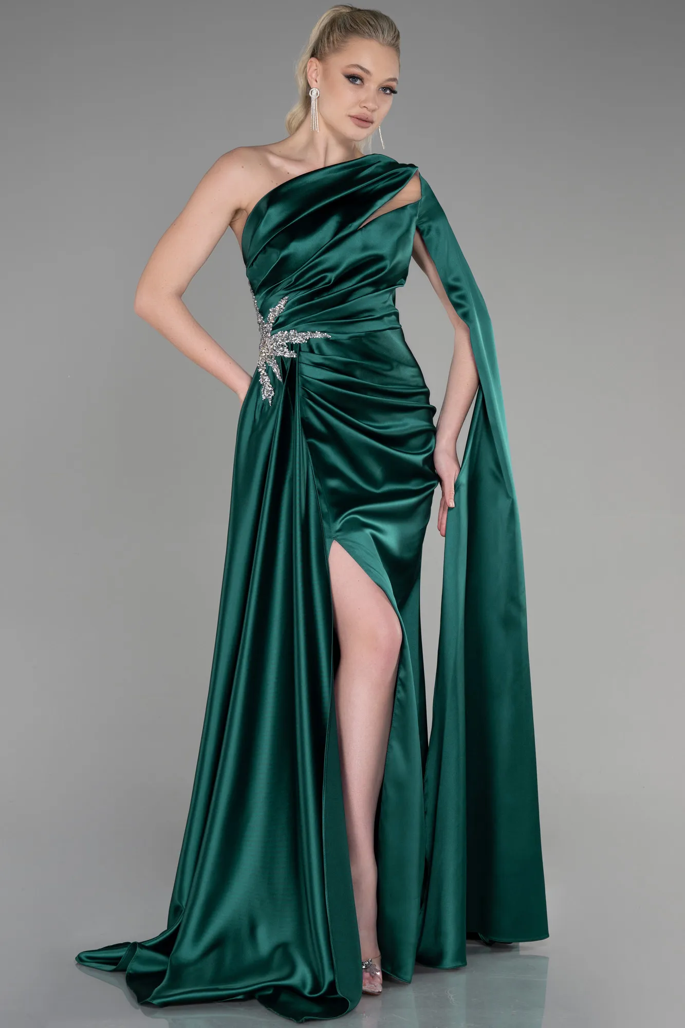 Emerald Green-Long Satin Evening Dress ABU3545