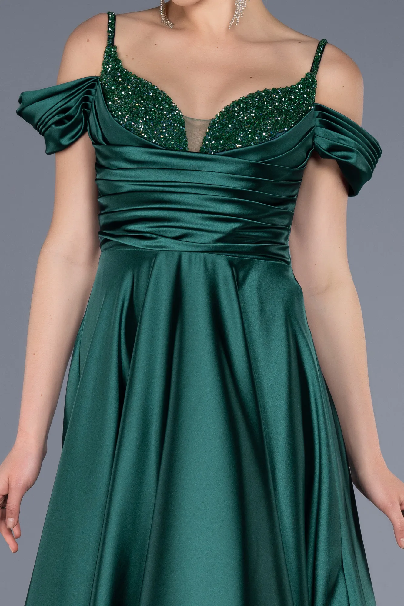 Emerald Green-Long Satin Evening Dress ABU3678