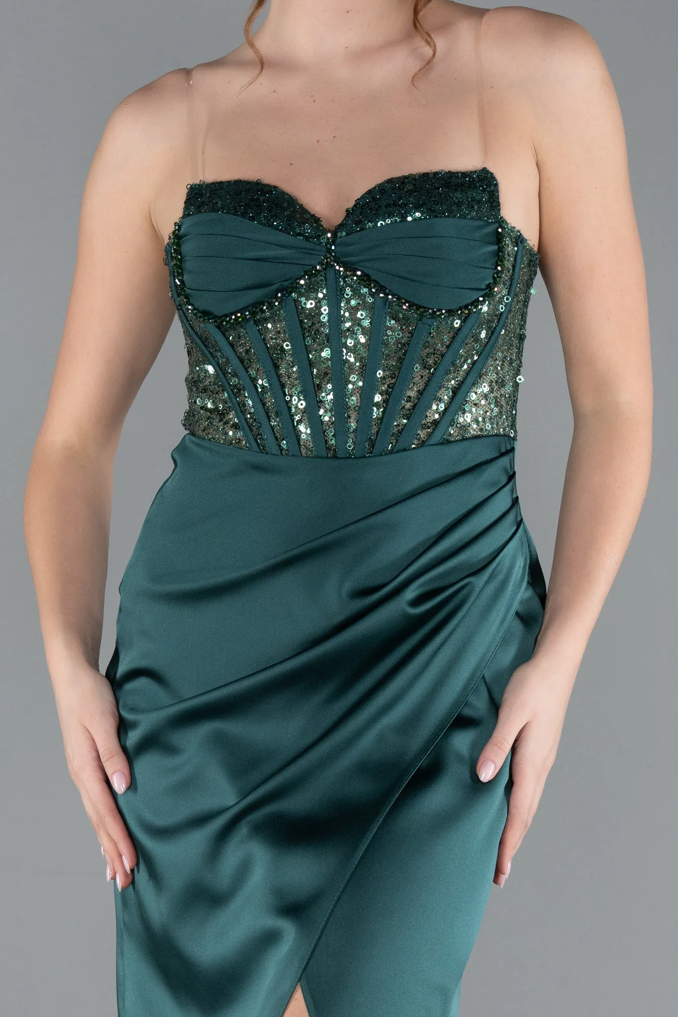 Emerald Green-Long Satin Evening Dress ABU4568