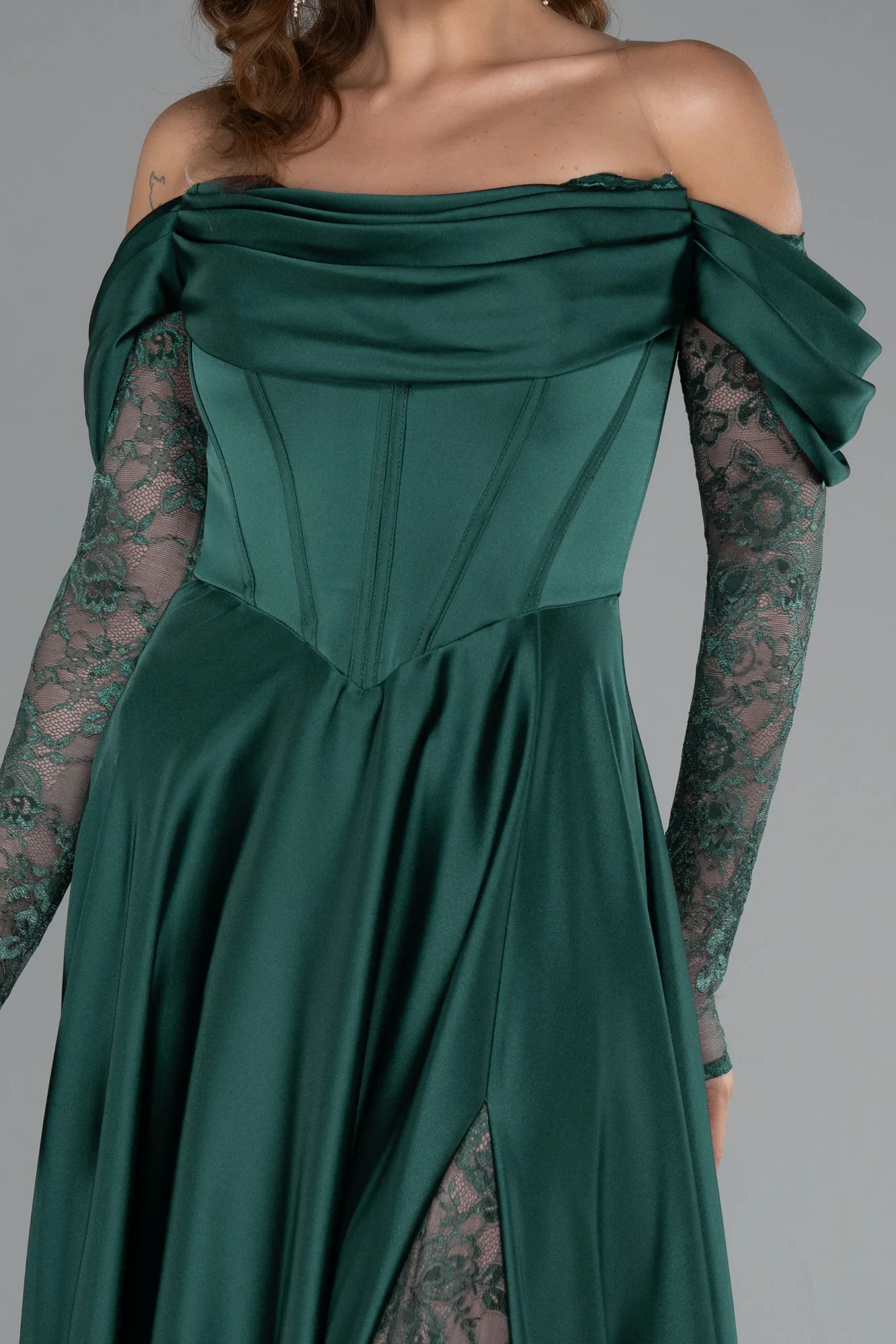Emerald Green-Long Satin Evening Dress ABU5054
