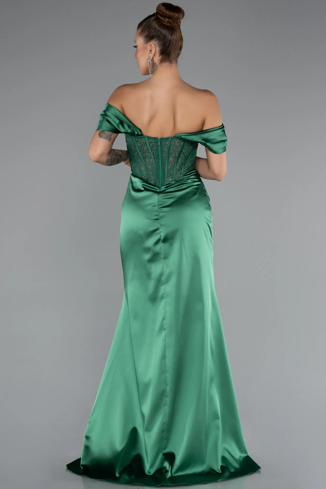 Emerald Green-Long Satin Evening Dress ABU5130