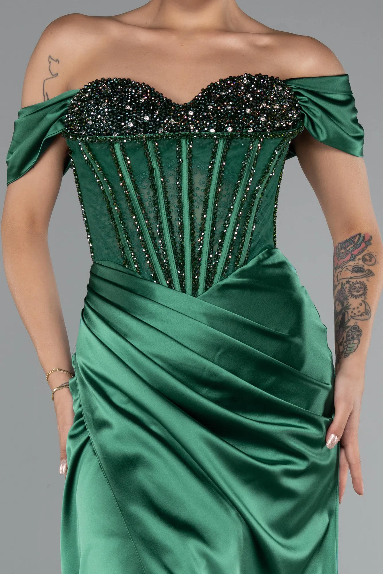 Emerald Green-Long Satin Evening Dress ABU5130