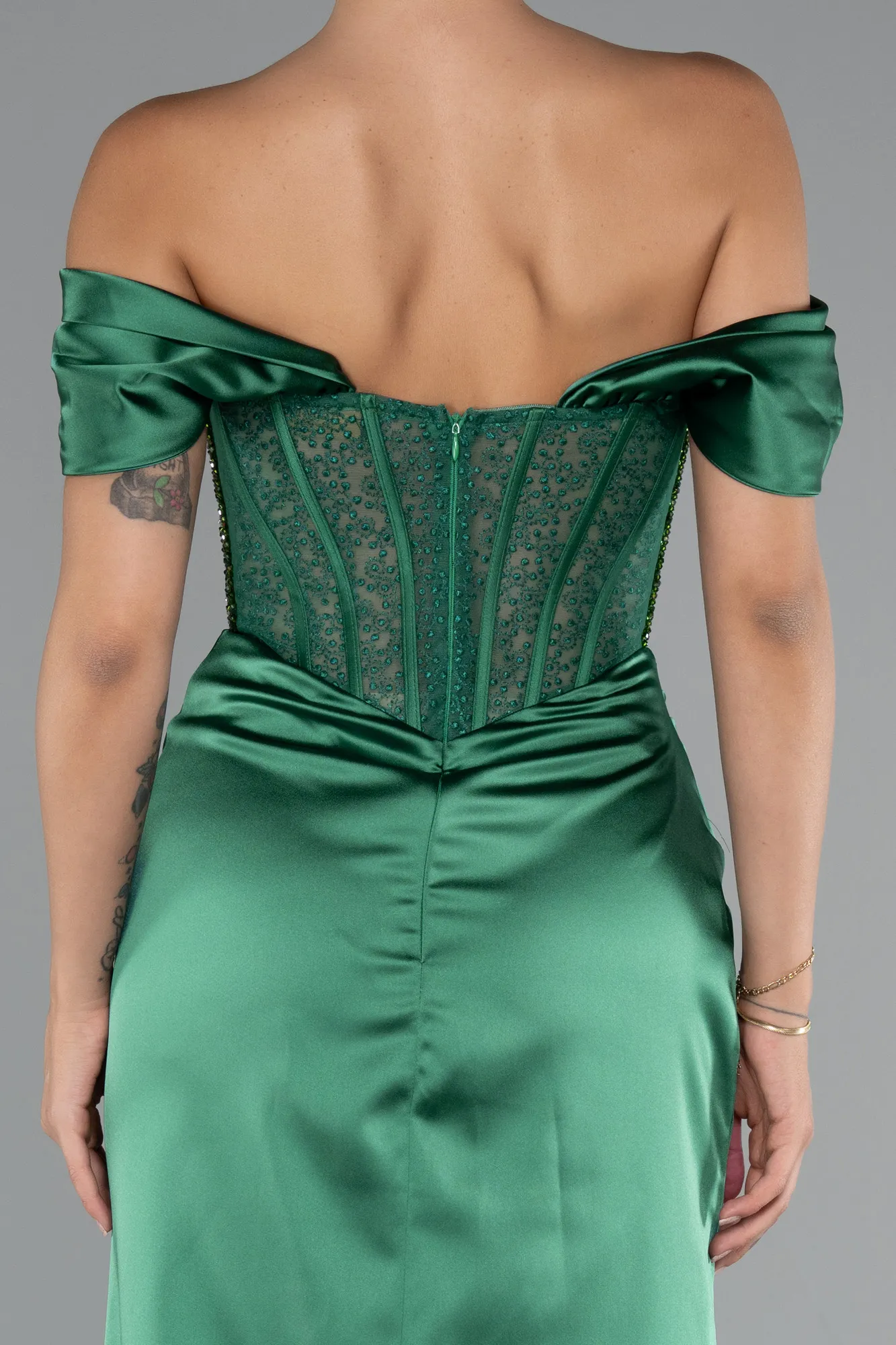 Emerald Green-Long Satin Evening Dress ABU5130