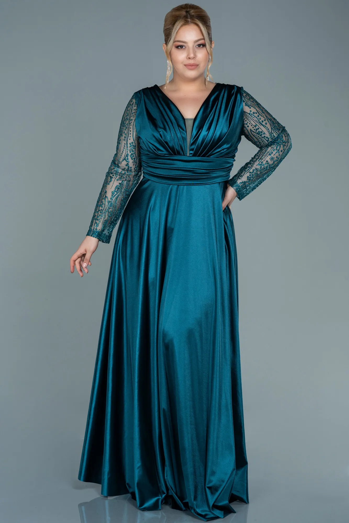 Emerald Green-Long Satin Oversized Evening Dress ABU2641