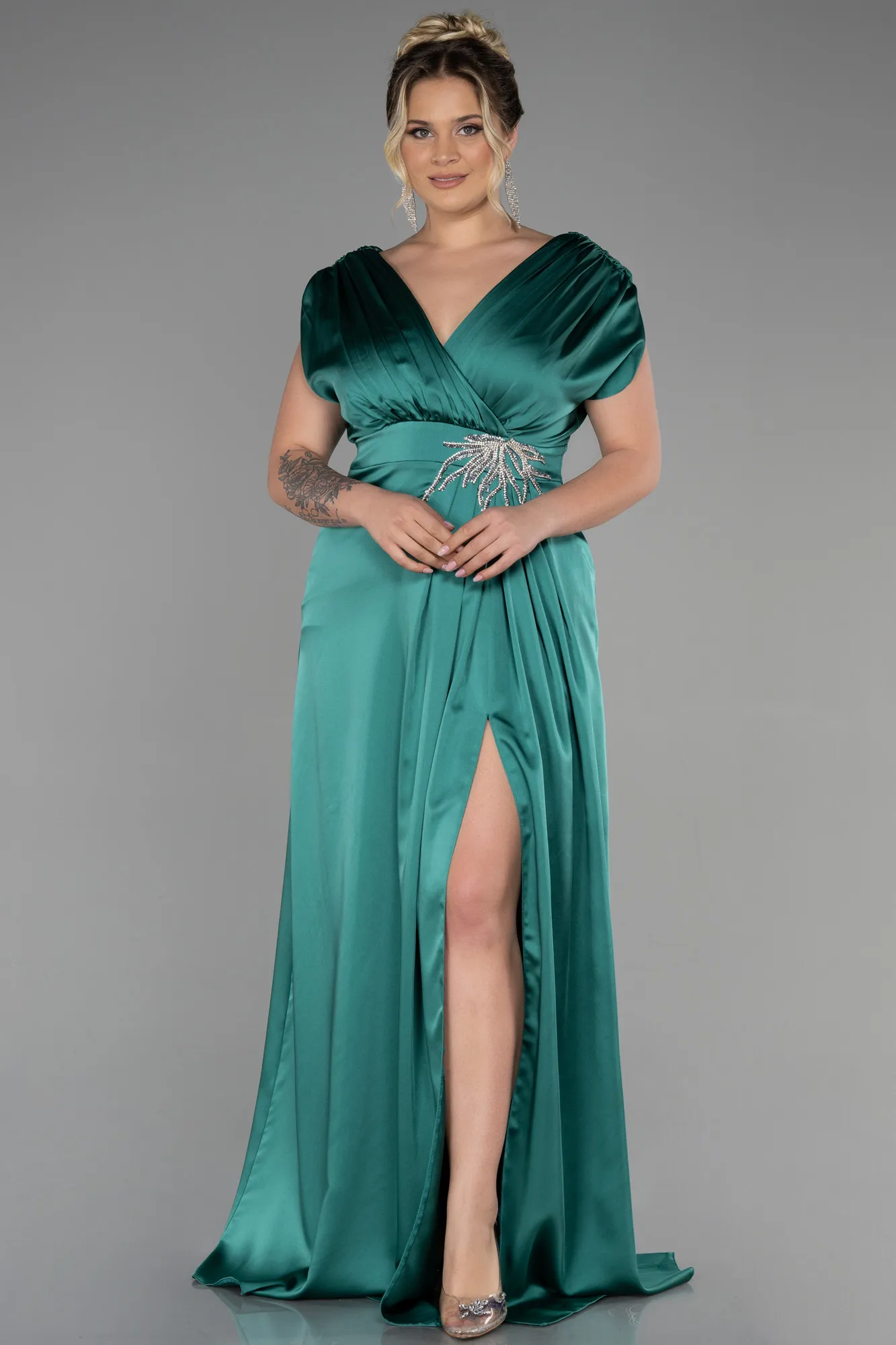 Emerald Green-Long Satin Plus Size Engagement Dress ABU3433