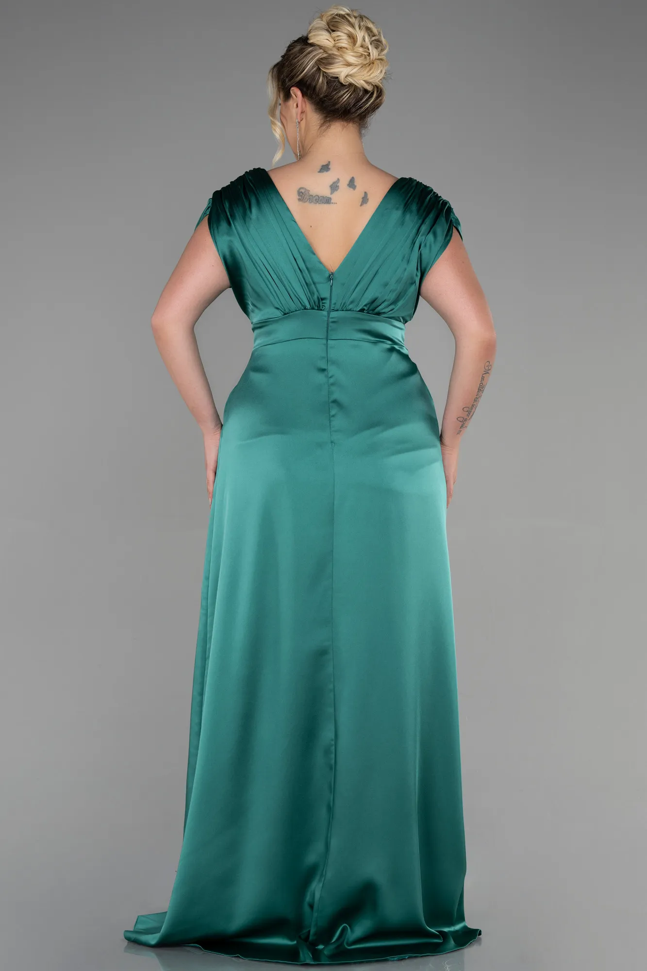 Emerald Green-Long Satin Plus Size Engagement Dress ABU3433