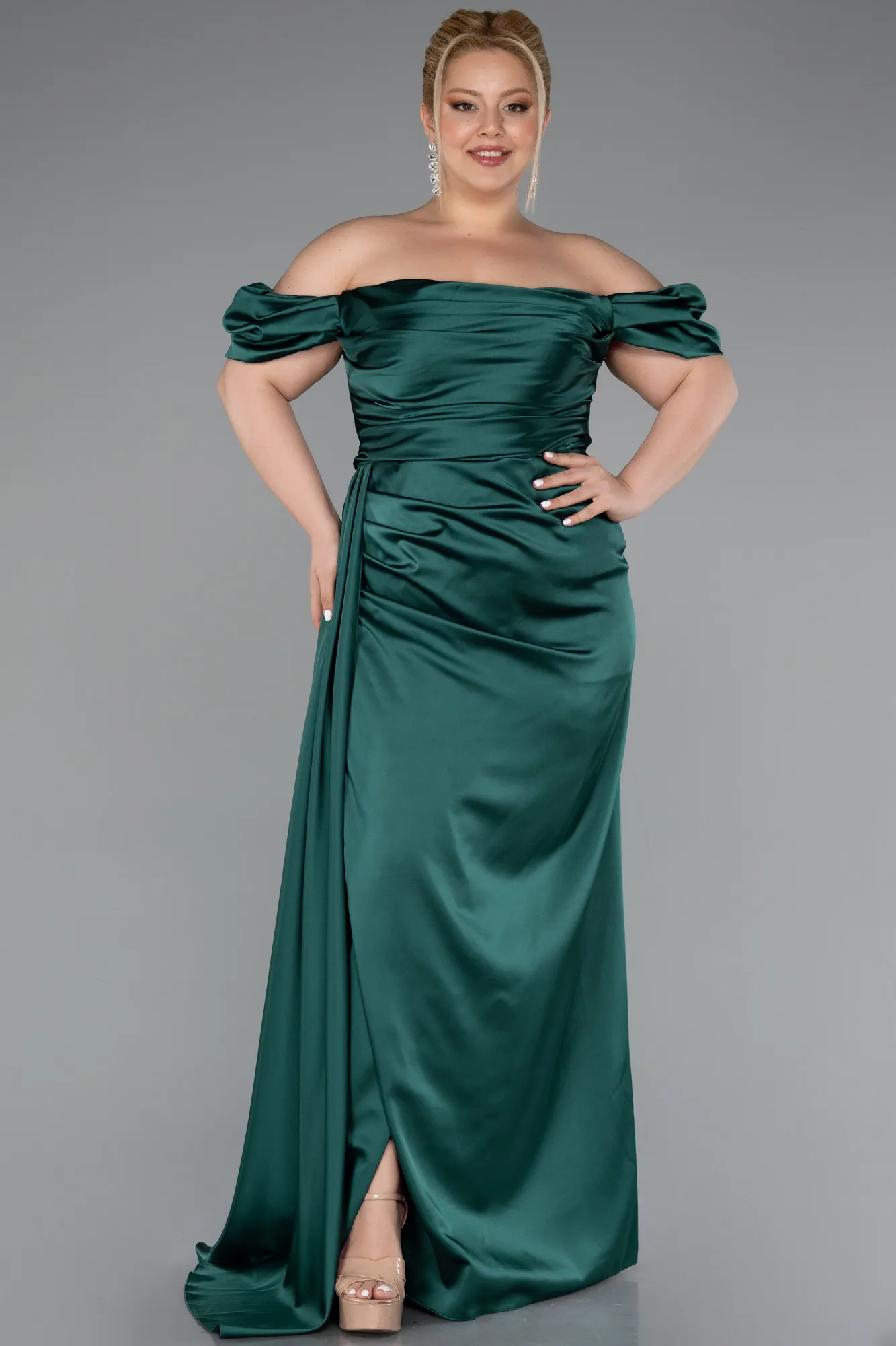 Emerald Green-Long Satin Plus Size Evening Dress ABU1626
