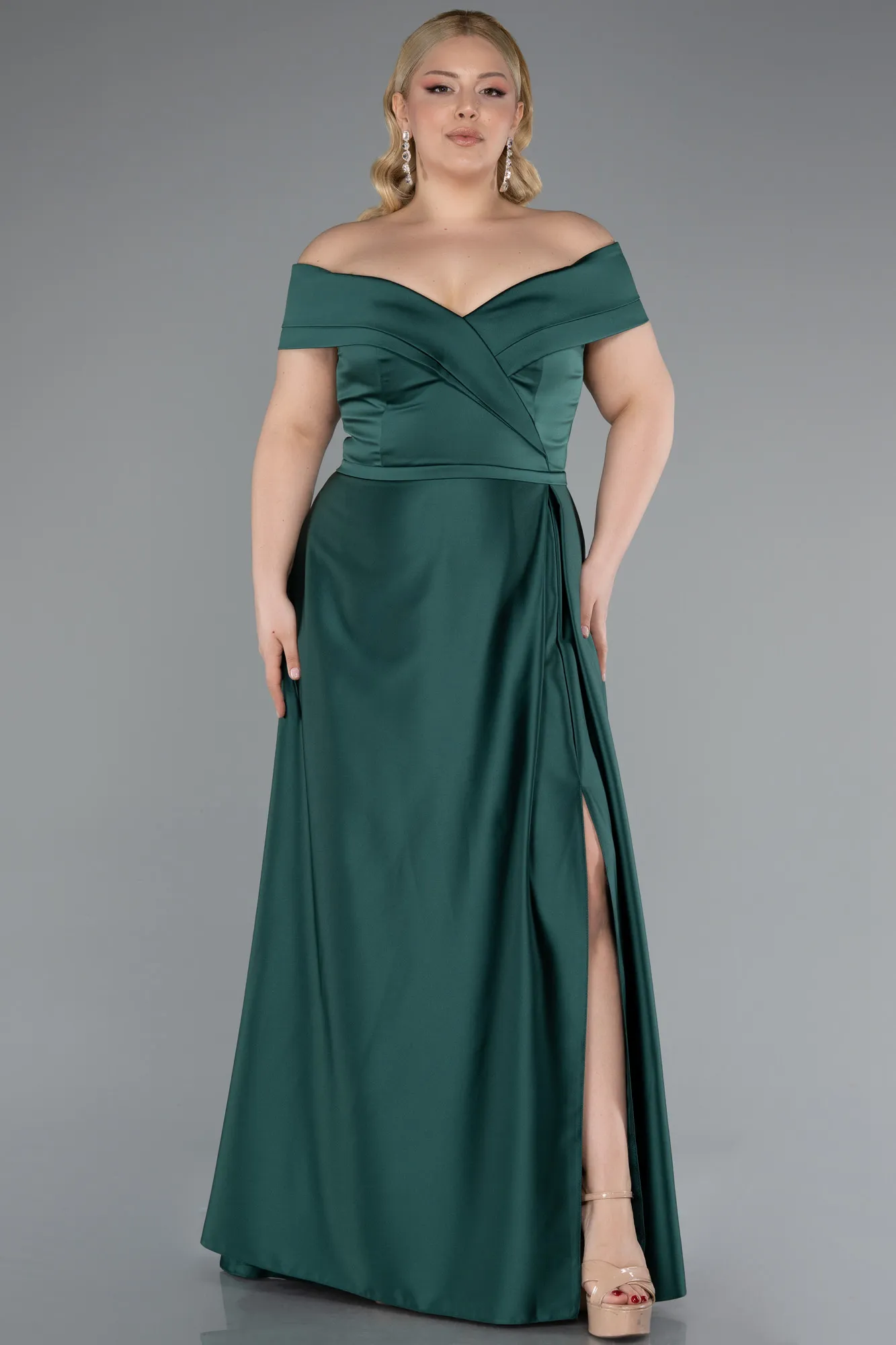 Emerald Green-Long Satin Plus Size Evening Dress ABU2355