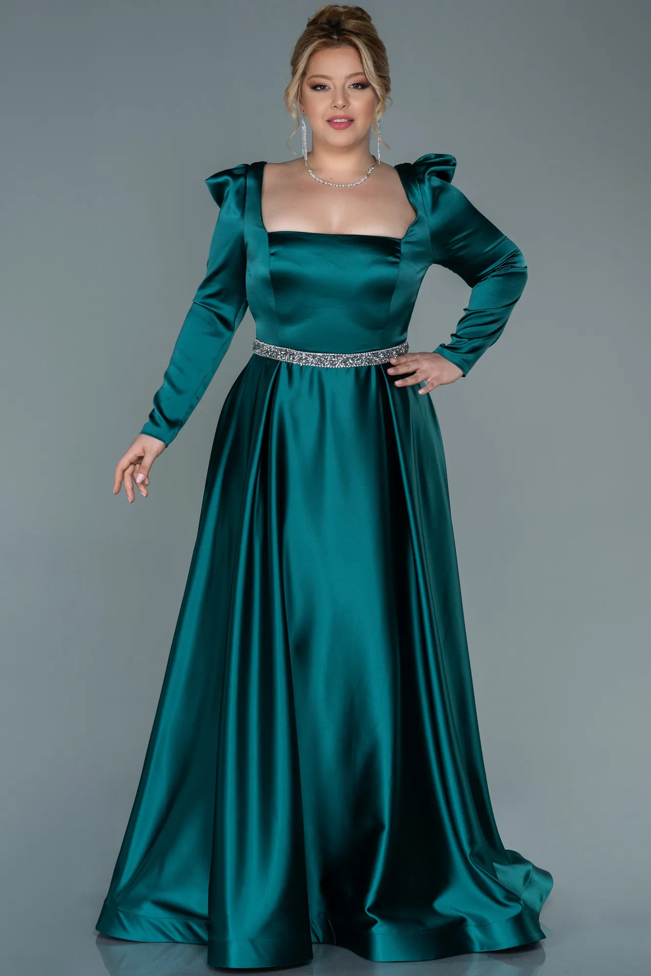 Emerald Green-Long Satin Plus Size Evening Dress ABU2684