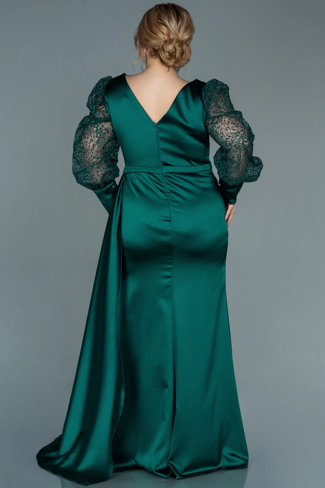 Emerald Green-Long Satin Plus Size Evening Dress ABU2759
