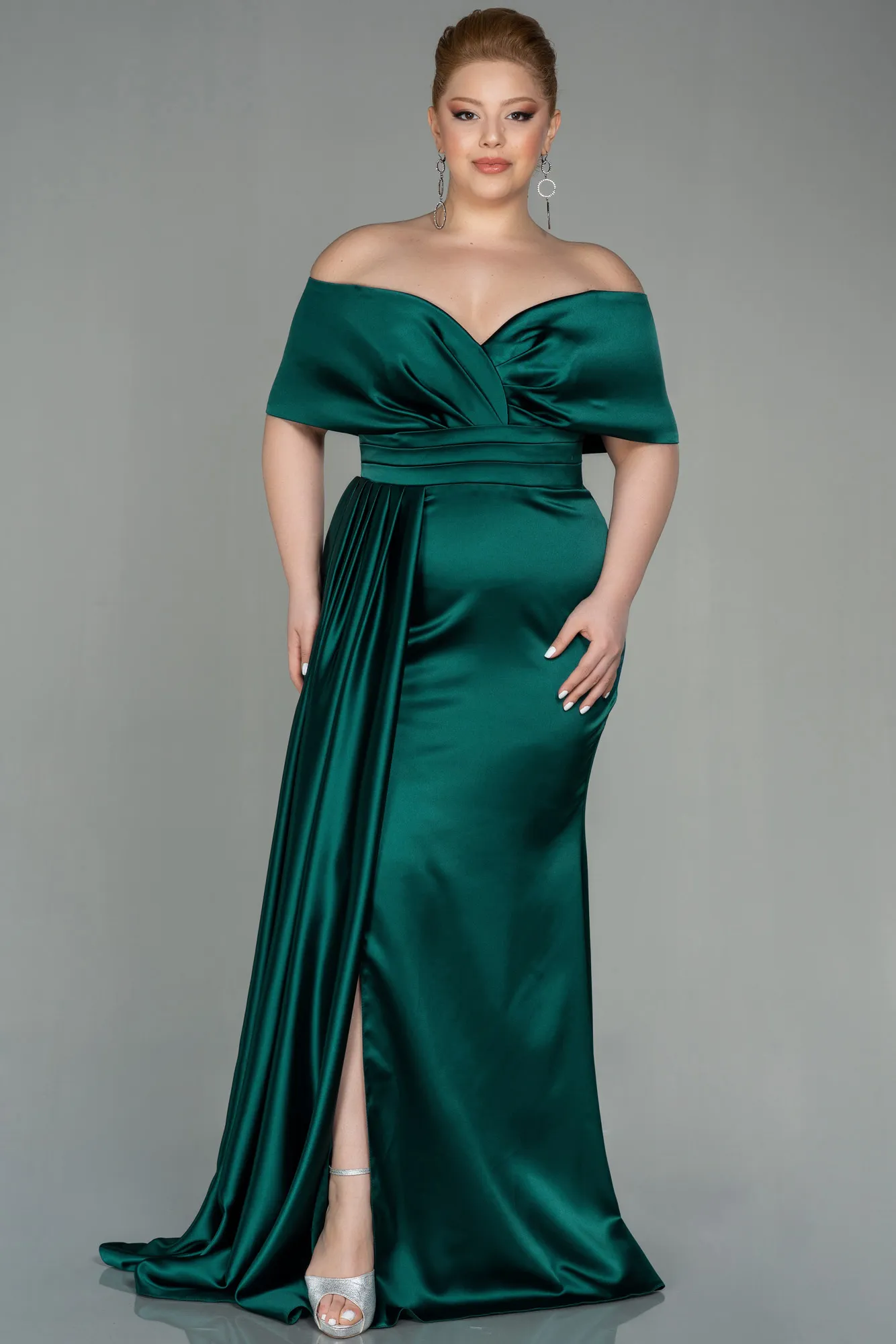 Emerald Green-Long Satin Plus Size Evening Dress ABU2873