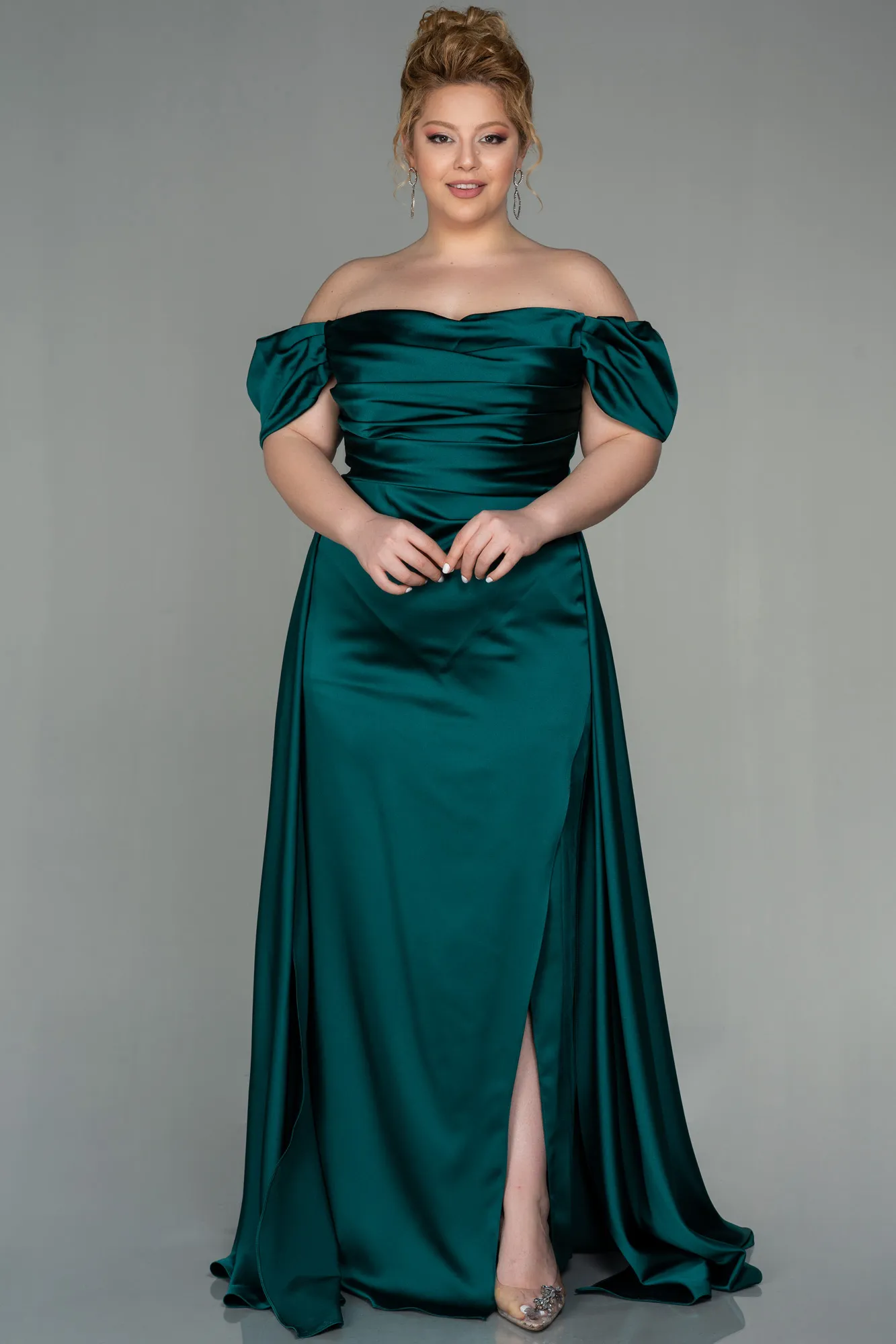 Emerald Green-Long Satin Plus Size Evening Dress ABU2923