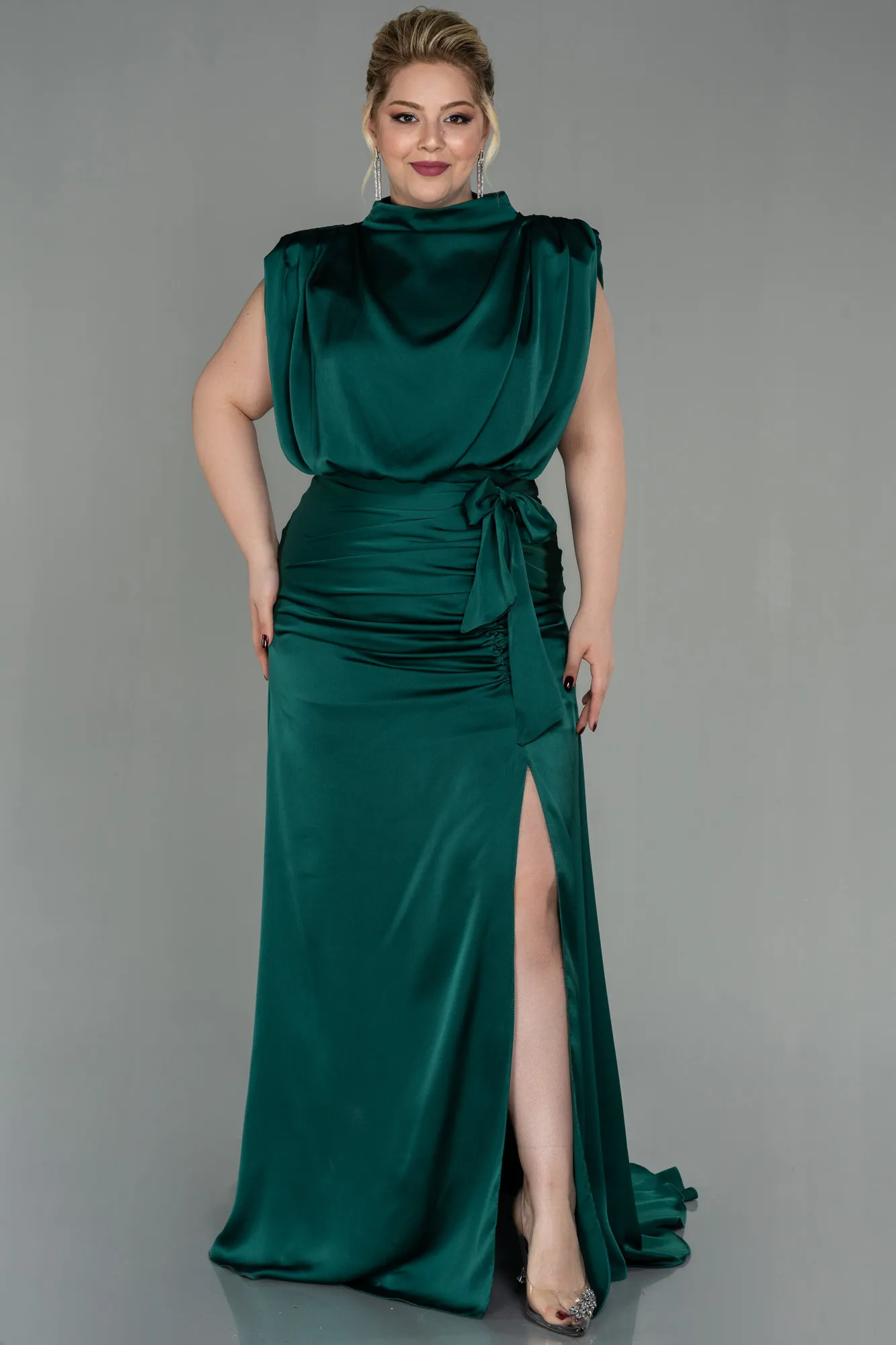 Emerald Green-Long Satin Plus Size Evening Dress ABU2969