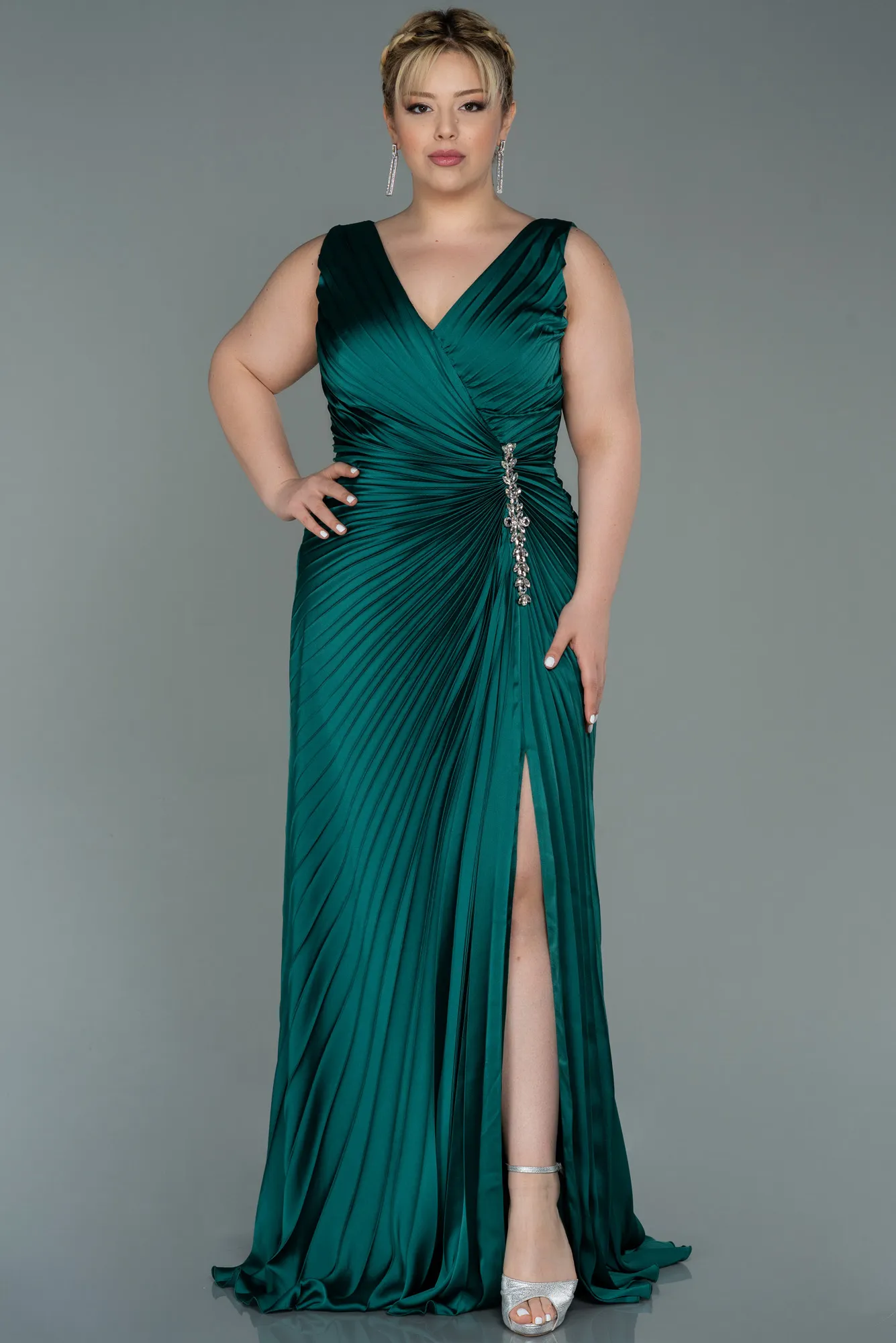 Emerald Green-Long Satin Plus Size Evening Dress ABU3076