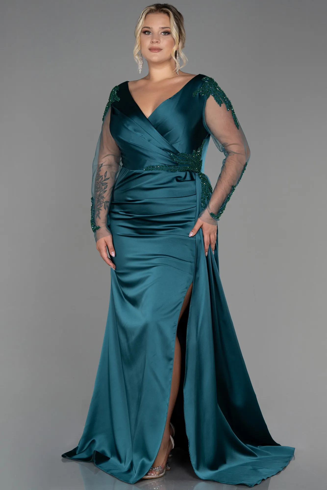 Emerald Green-Long Satin Plus Size Evening Dress ABU3223