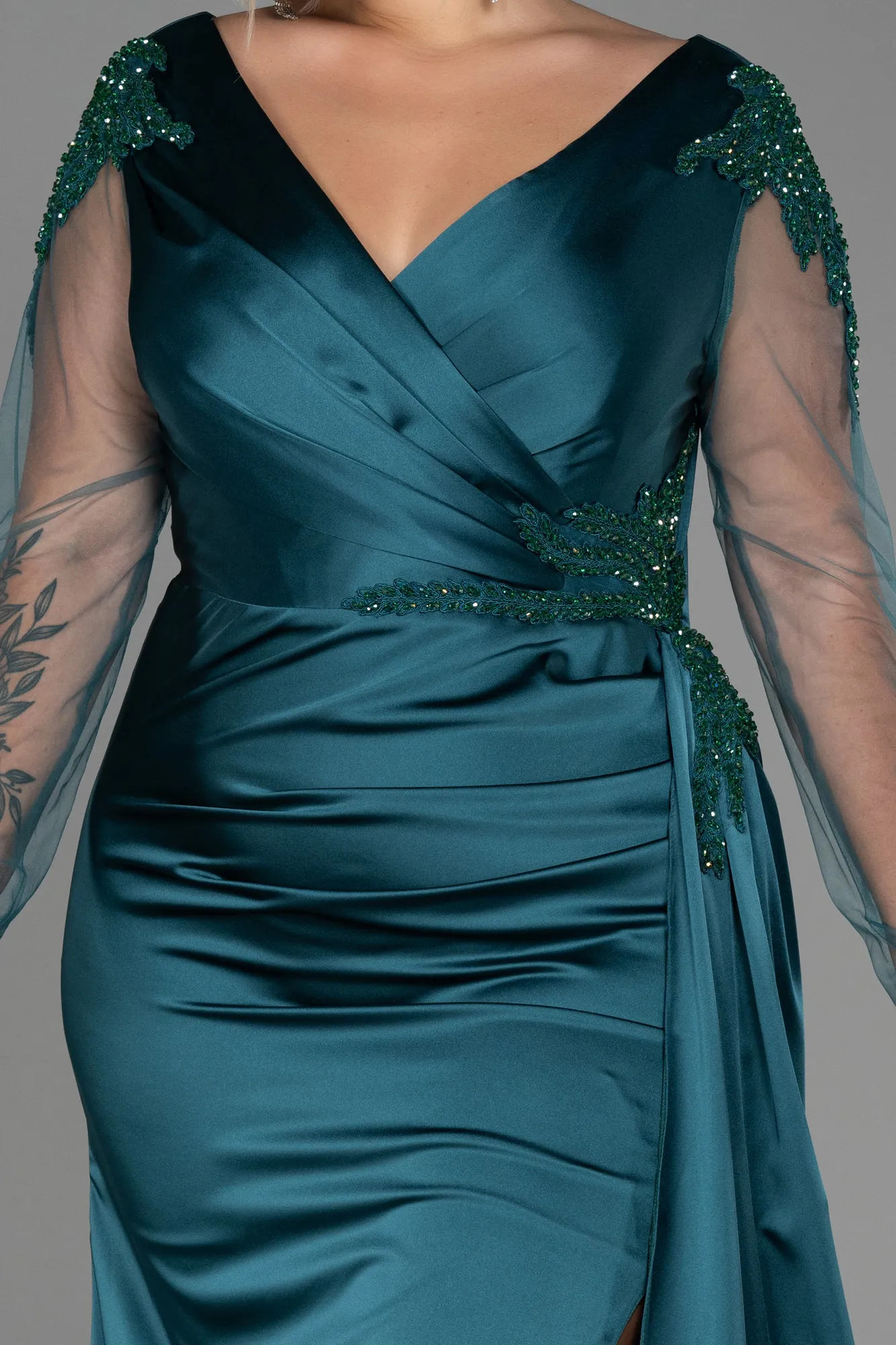 Emerald Green-Long Satin Plus Size Evening Dress ABU3223