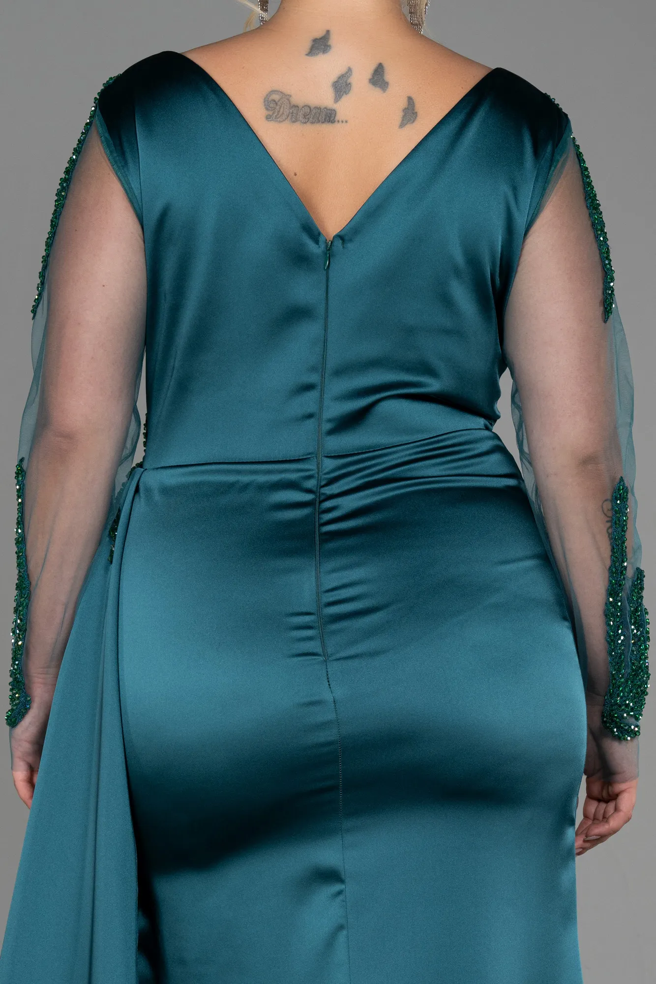 Emerald Green-Long Satin Plus Size Evening Dress ABU3223