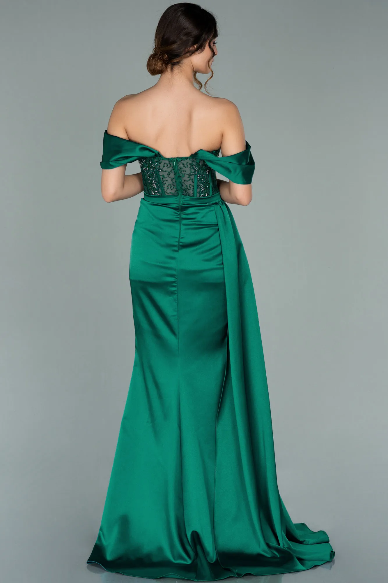 Emerald Green-Long Satin Plus Size Evening Dress ABU3236