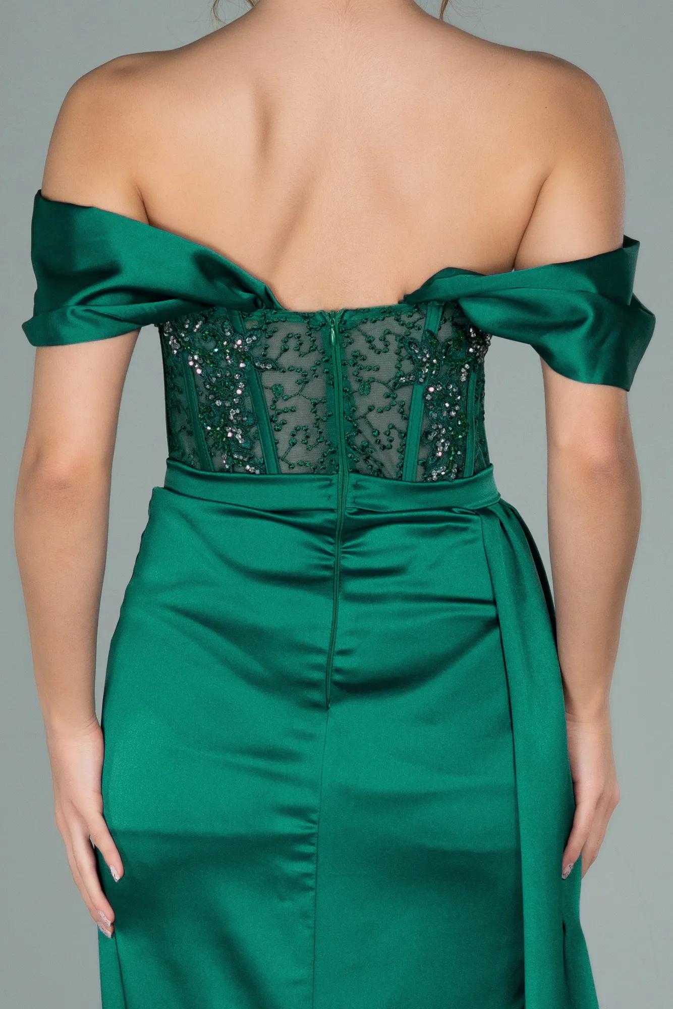 Emerald Green-Long Satin Plus Size Evening Dress ABU3236