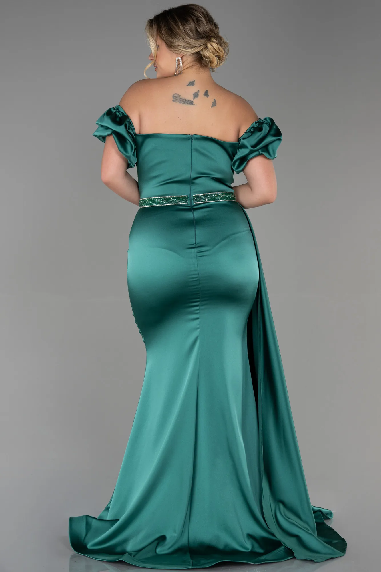 Emerald Green-Long Satin Plus Size Evening Dress ABU3332