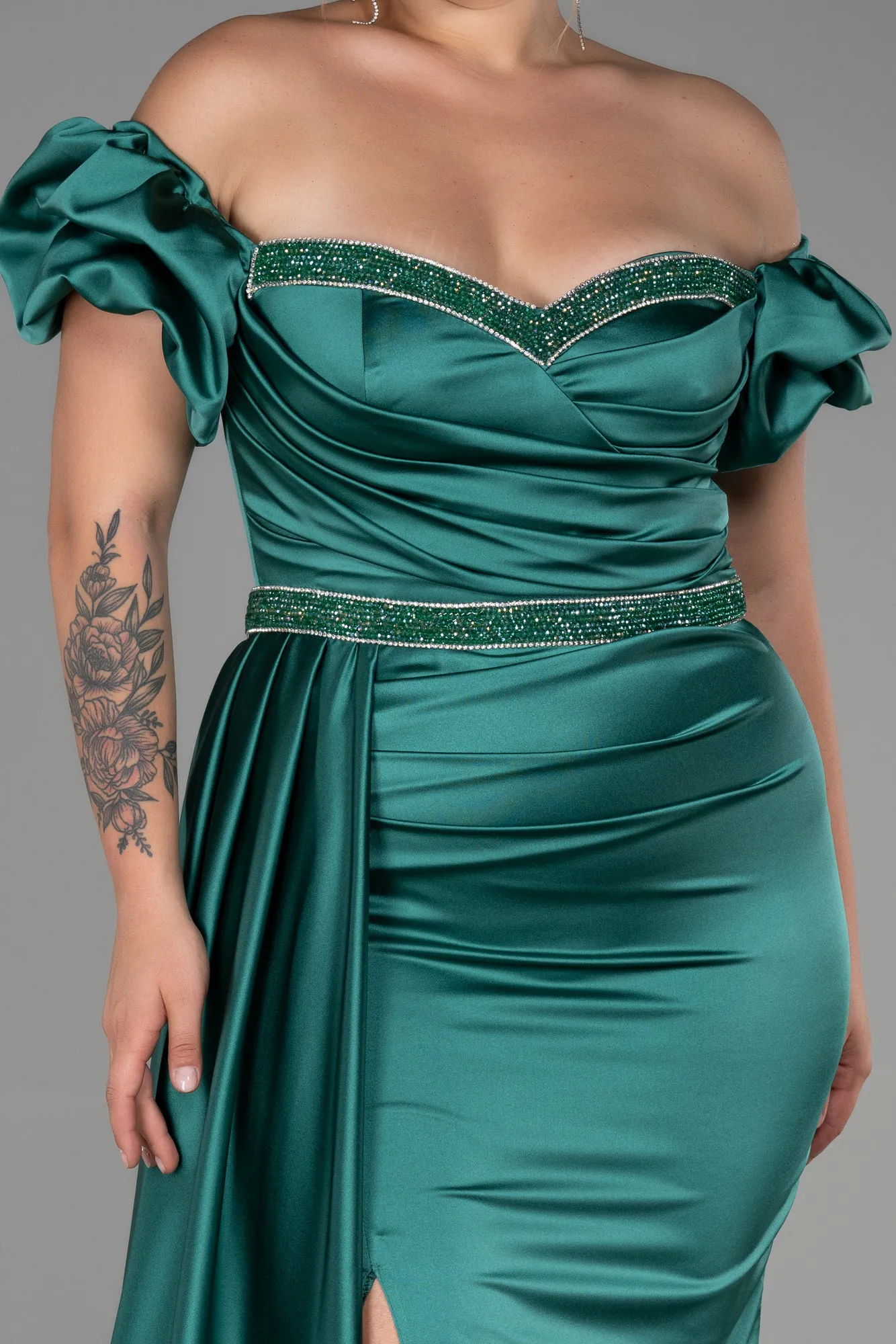 Emerald Green-Long Satin Plus Size Evening Dress ABU3332
