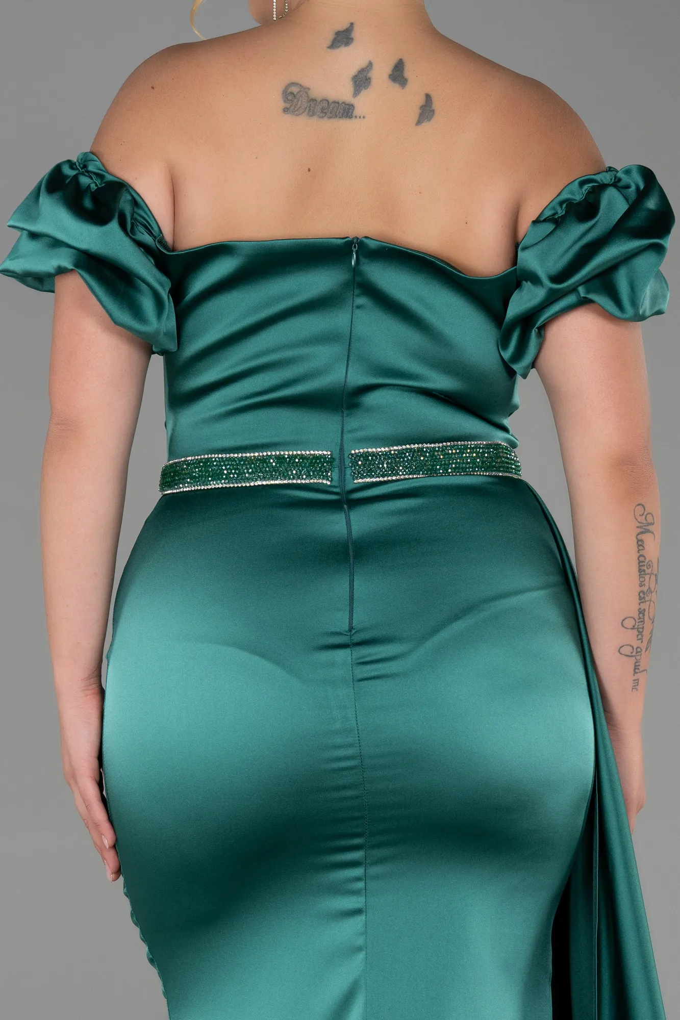 Emerald Green-Long Satin Plus Size Evening Dress ABU3332