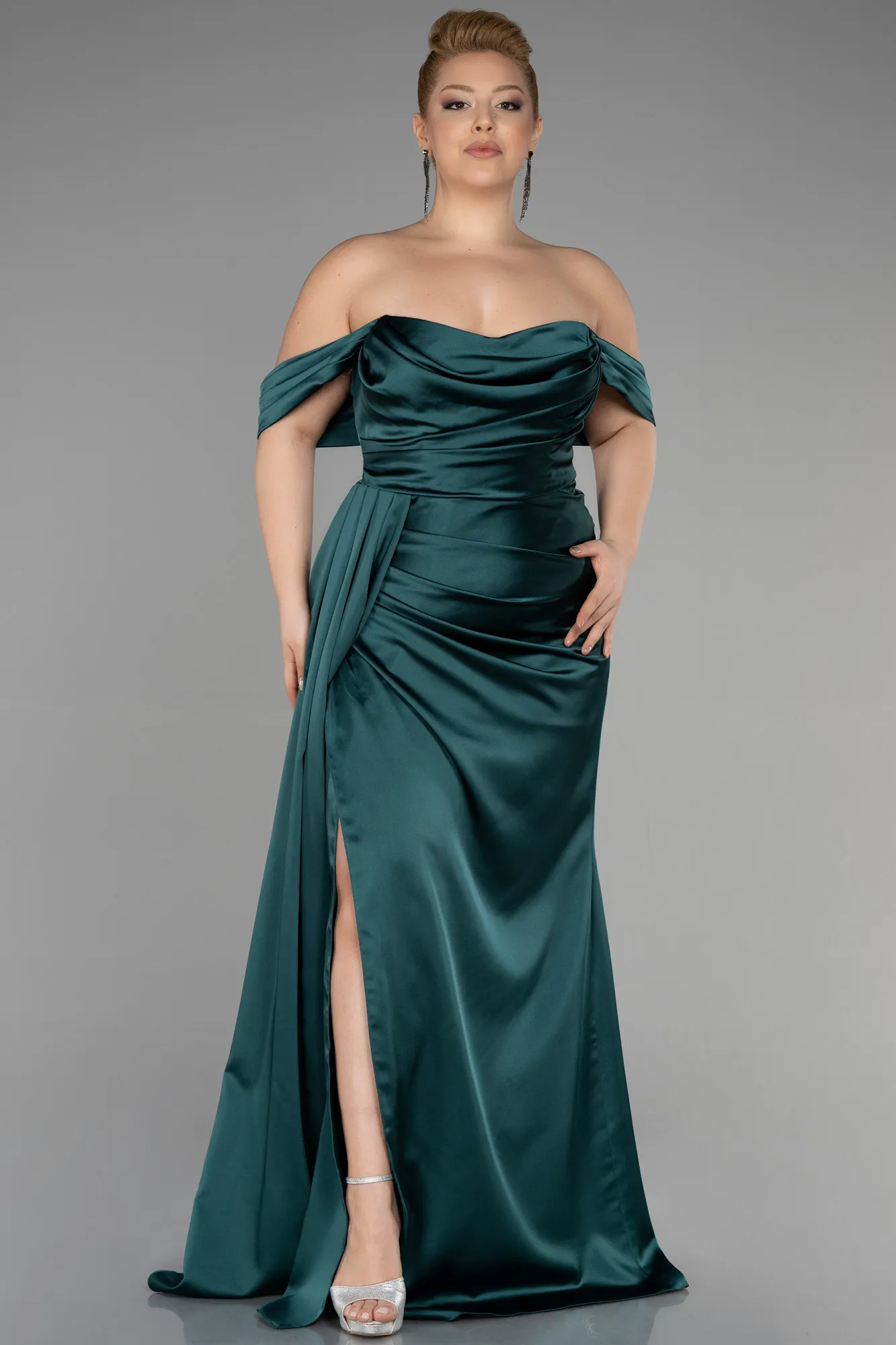 Emerald Green-Long Satin Plus Size Evening Dress ABU3515