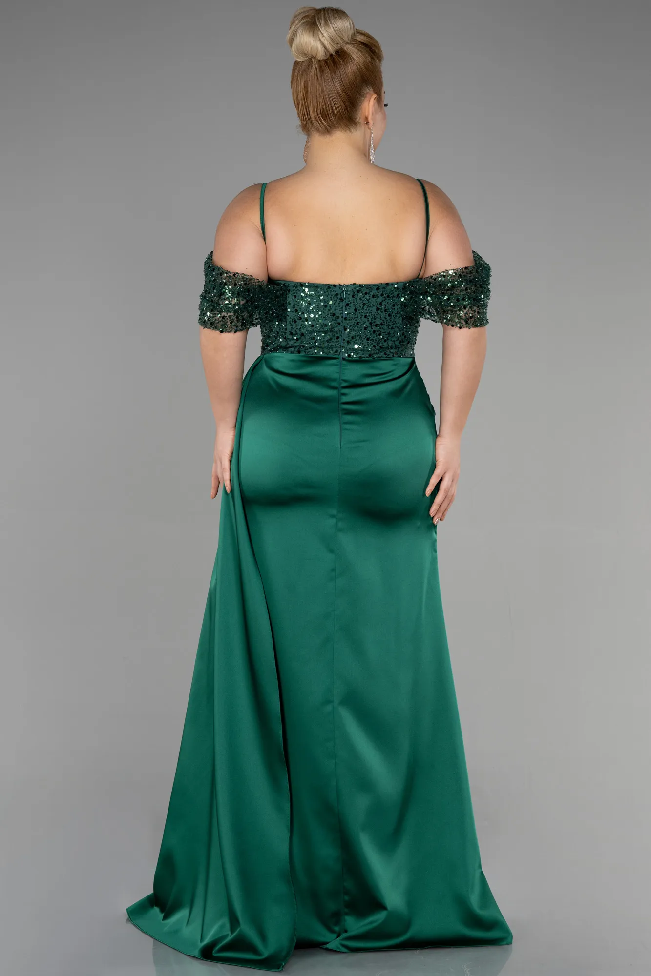 Emerald Green-Long Satin Plus Size Evening Dress ABU3522