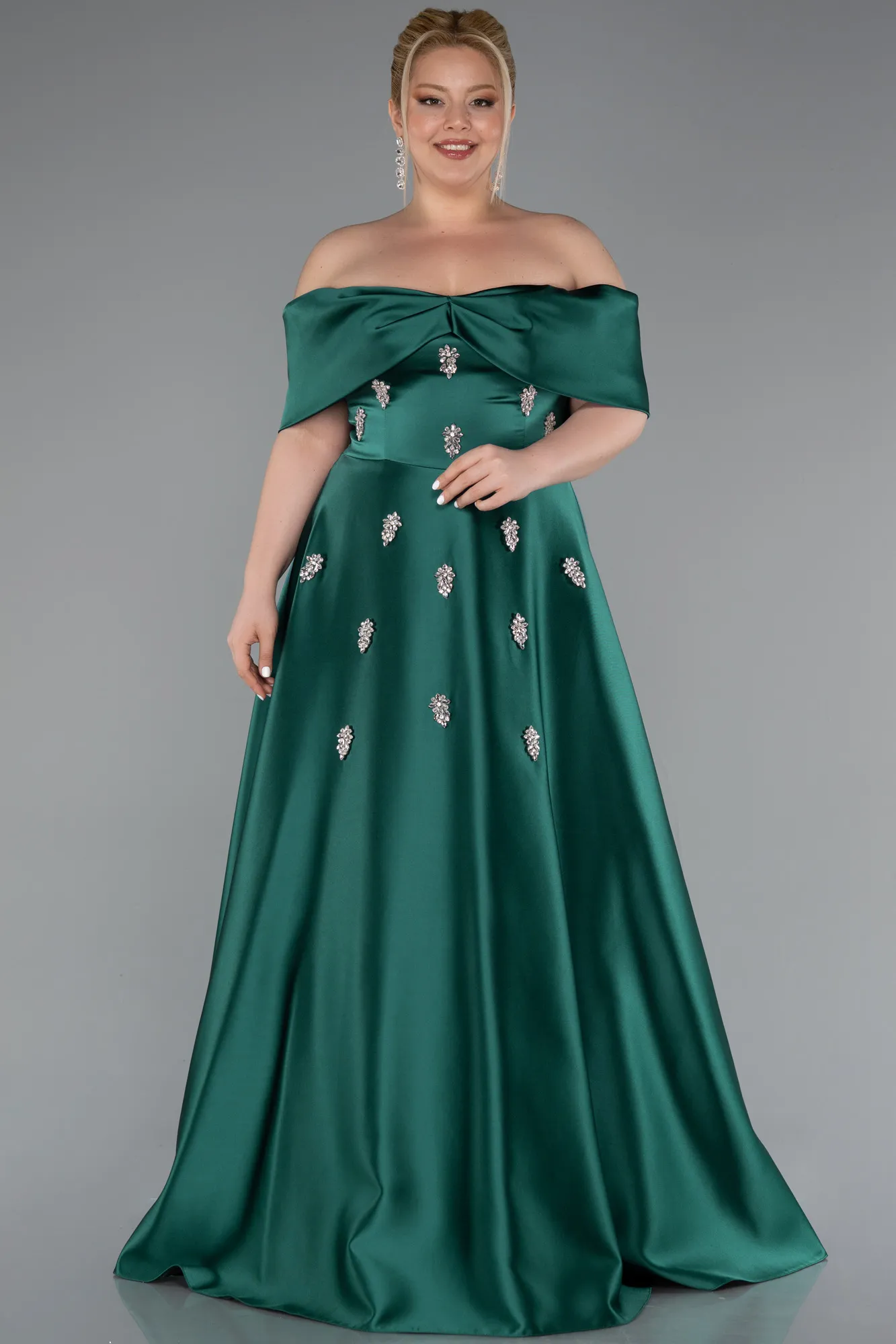 Emerald Green-Long Satin Plus Size Evening Gown ABU4998
