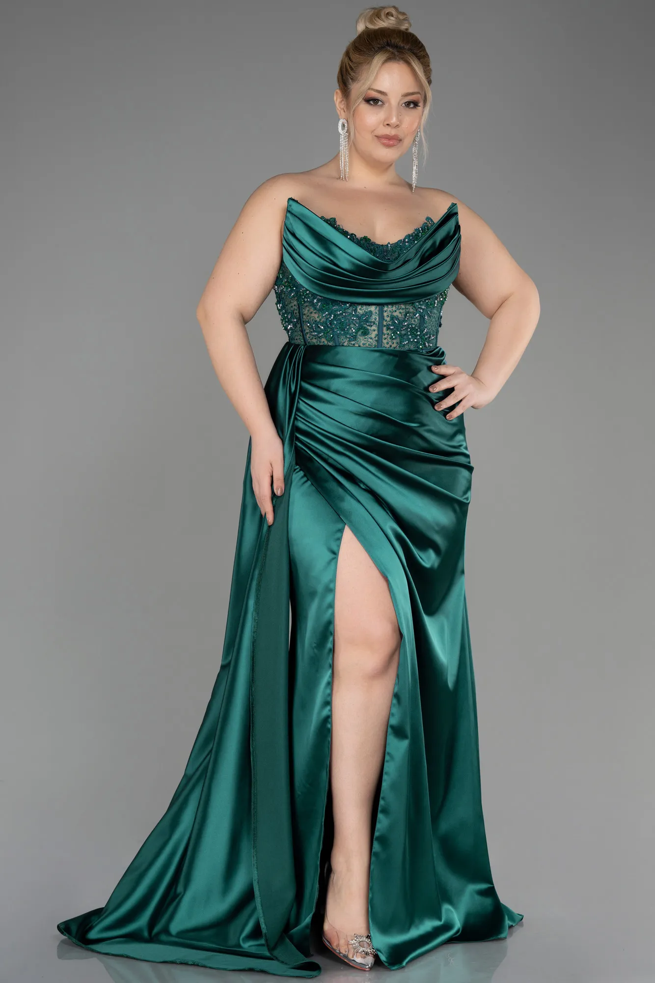 Emerald Green-Long Satin Plus Size Prom Dress ABU3855