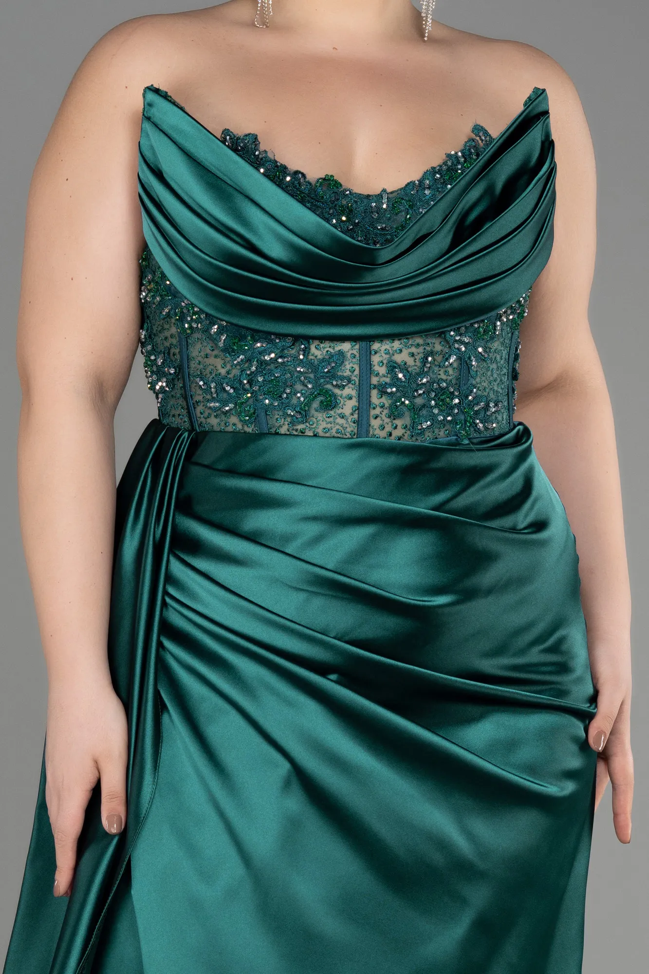 Emerald Green-Long Satin Plus Size Prom Dress ABU3855