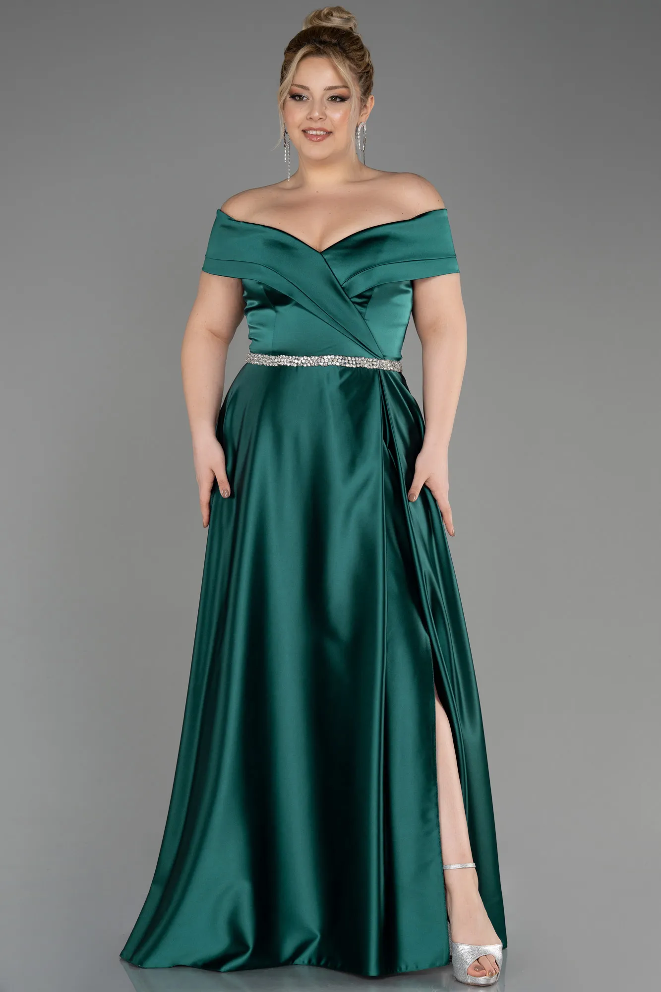 Emerald Green-Long Satin Plus Size Wedding Dress ABU3801