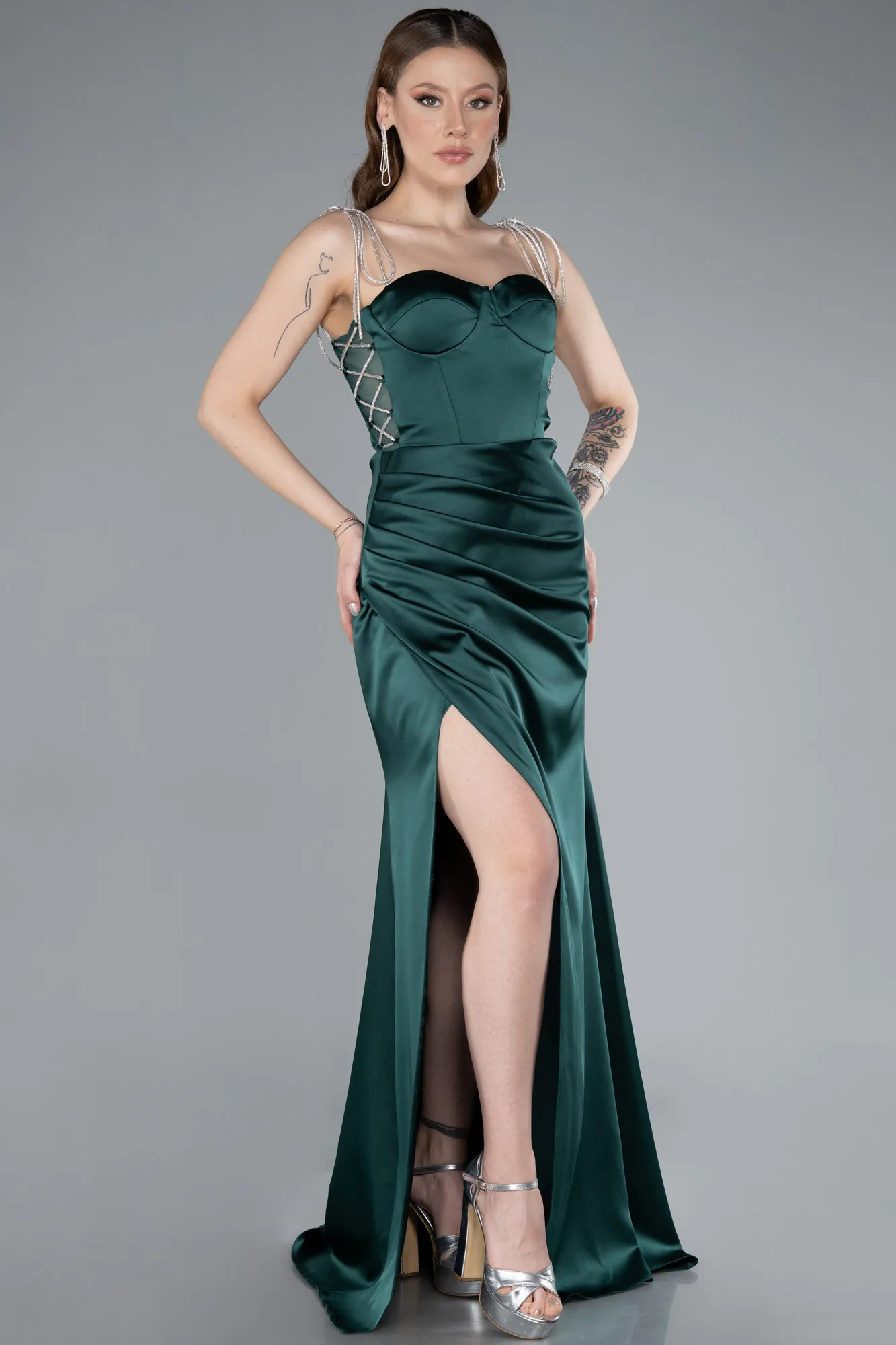 Emerald Green-Long Satin Prom Gown ABU3198