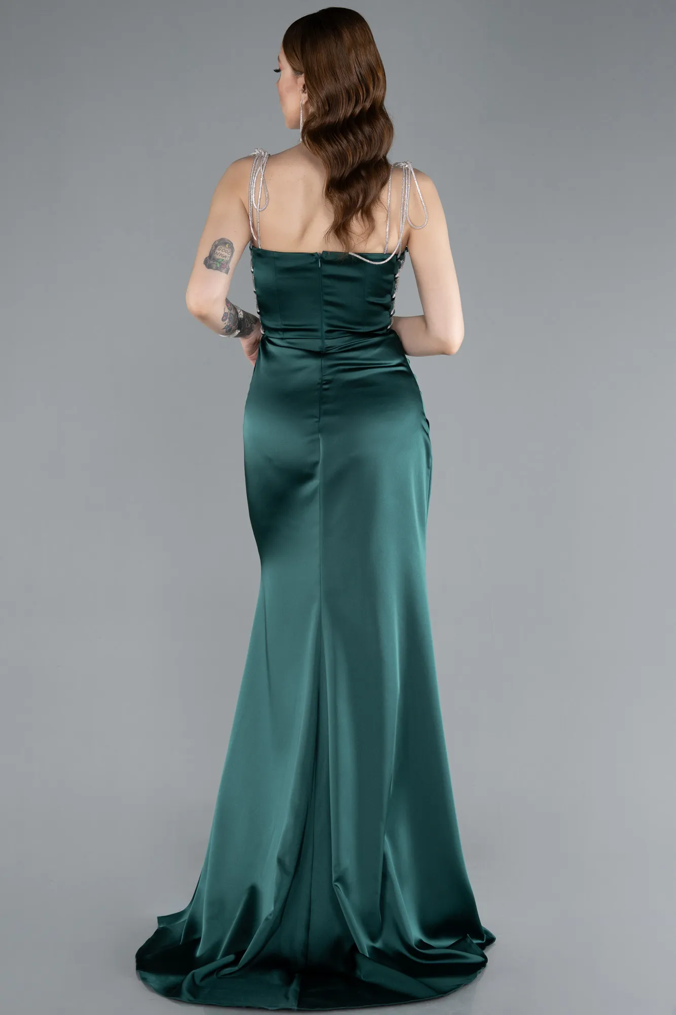 Emerald Green-Long Satin Prom Gown ABU3198
