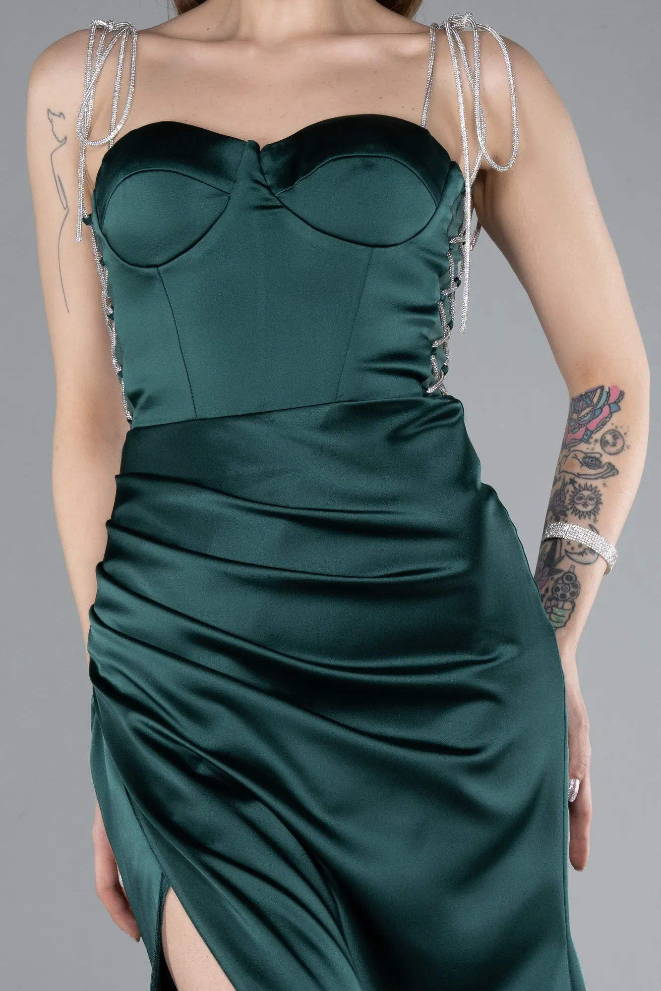 Emerald Green-Long Satin Prom Gown ABU3198