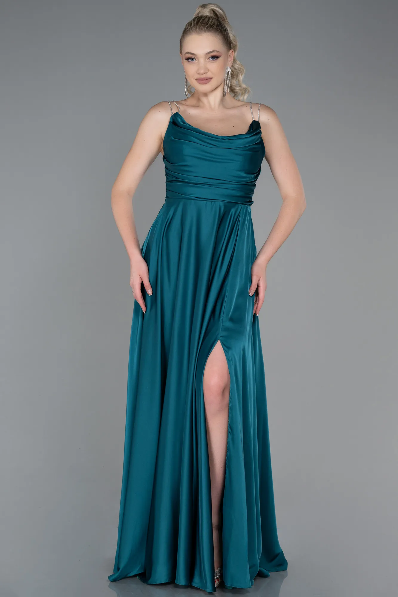 Emerald Green-Long Satin Prom Gown ABU3275