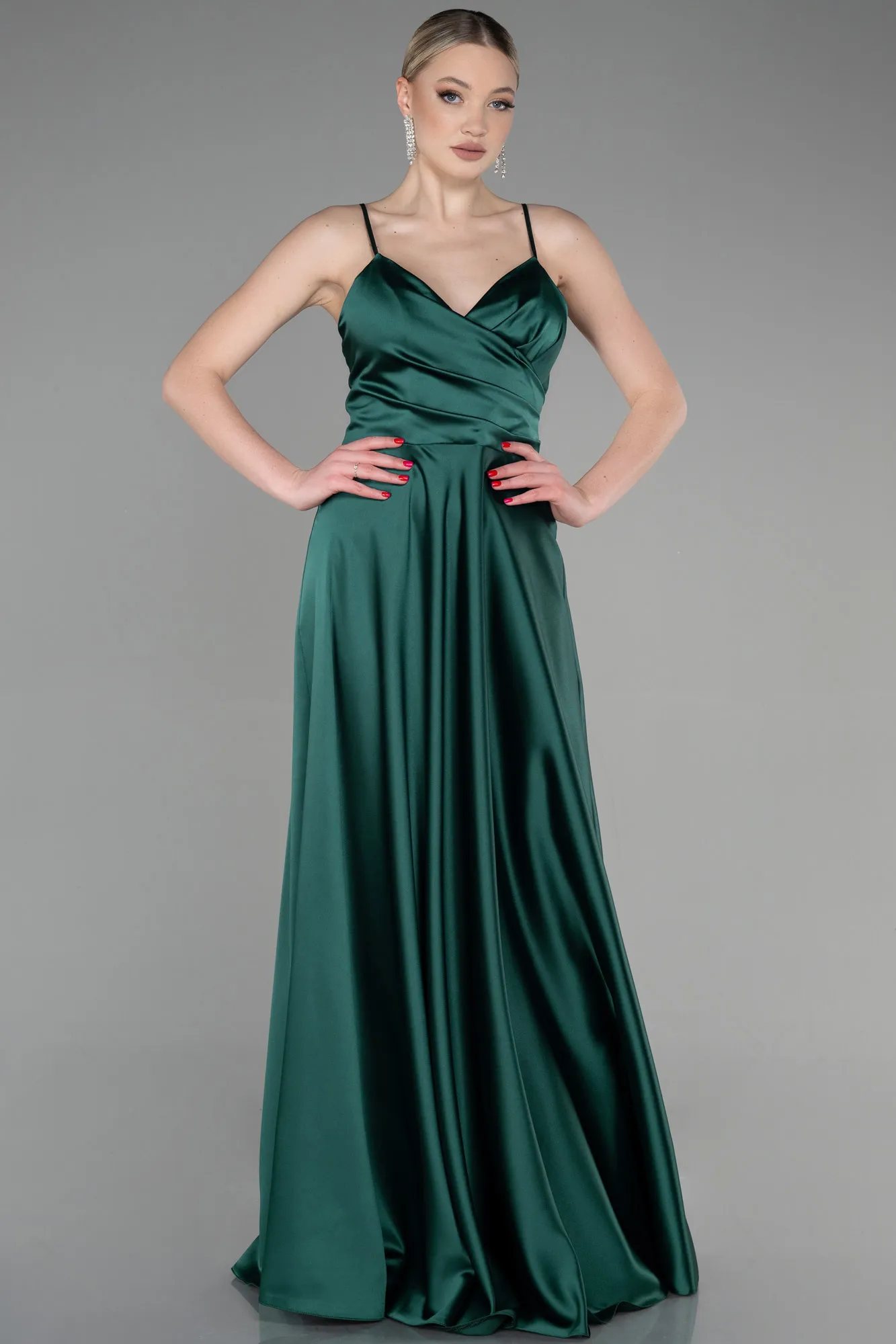 Emerald Green-Strappy Long Satin Prom Gown ABU3610