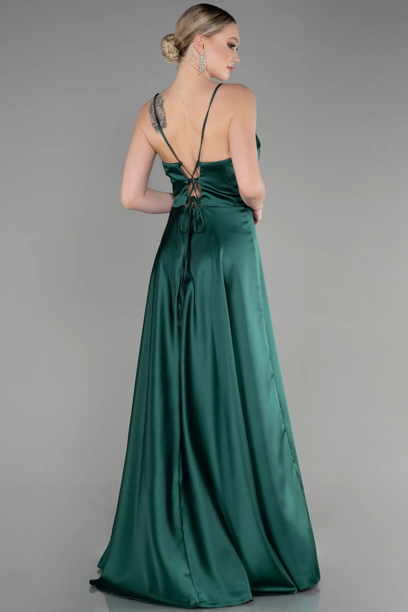 Emerald Green-Strappy Long Satin Prom Gown ABU3610