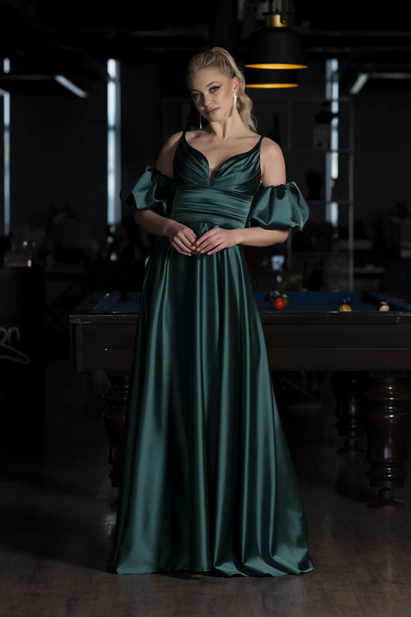 Emerald Green-Long Satin Prom Gown ABU3634