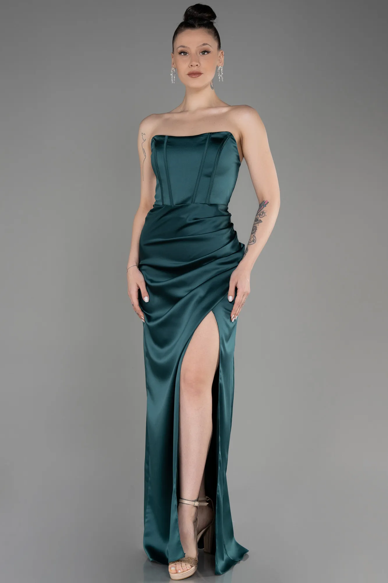 Emerald Green-Long Satin Prom Gown ABU3765