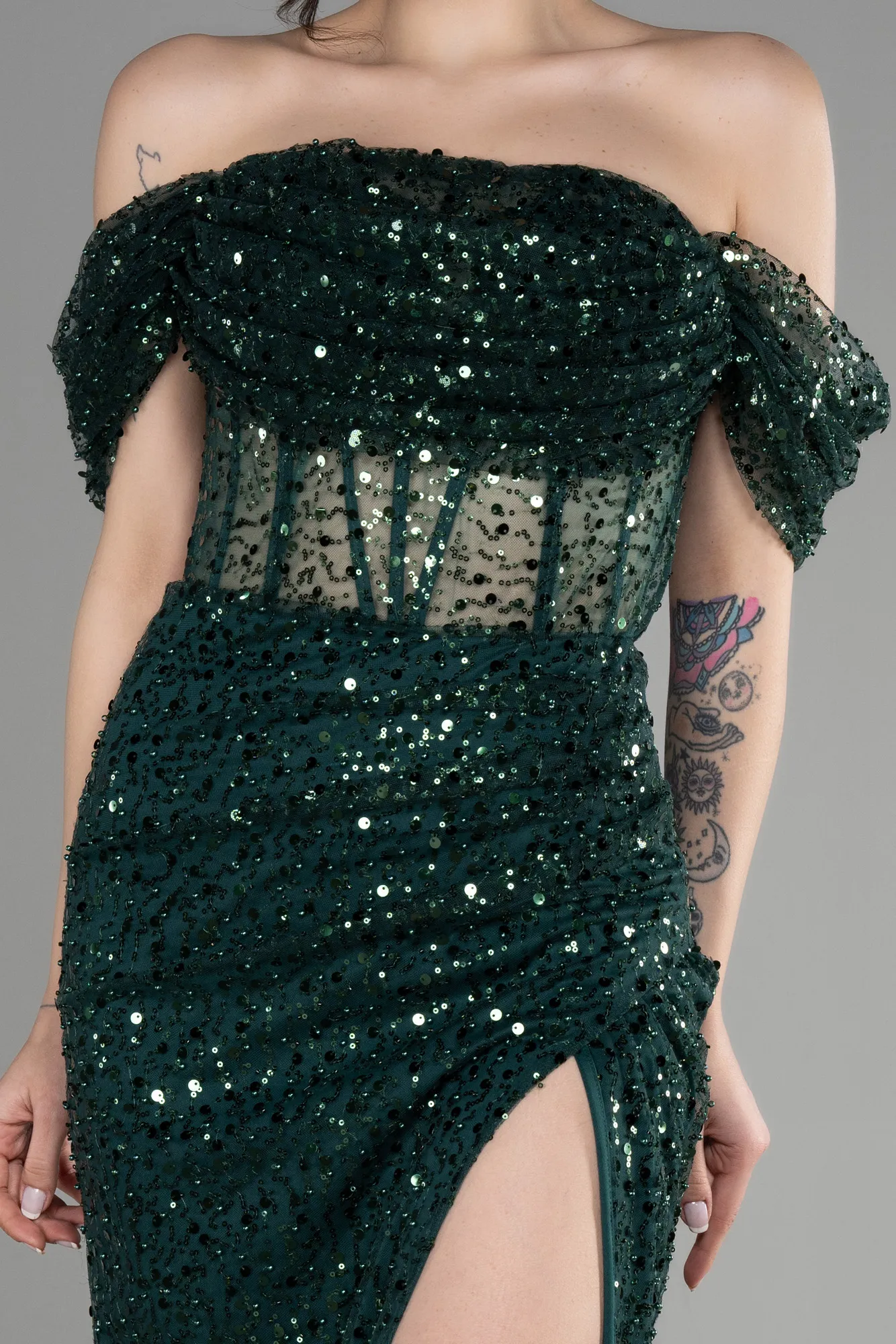 Emerald Green-Long Scaly Evening Dress ABU3658