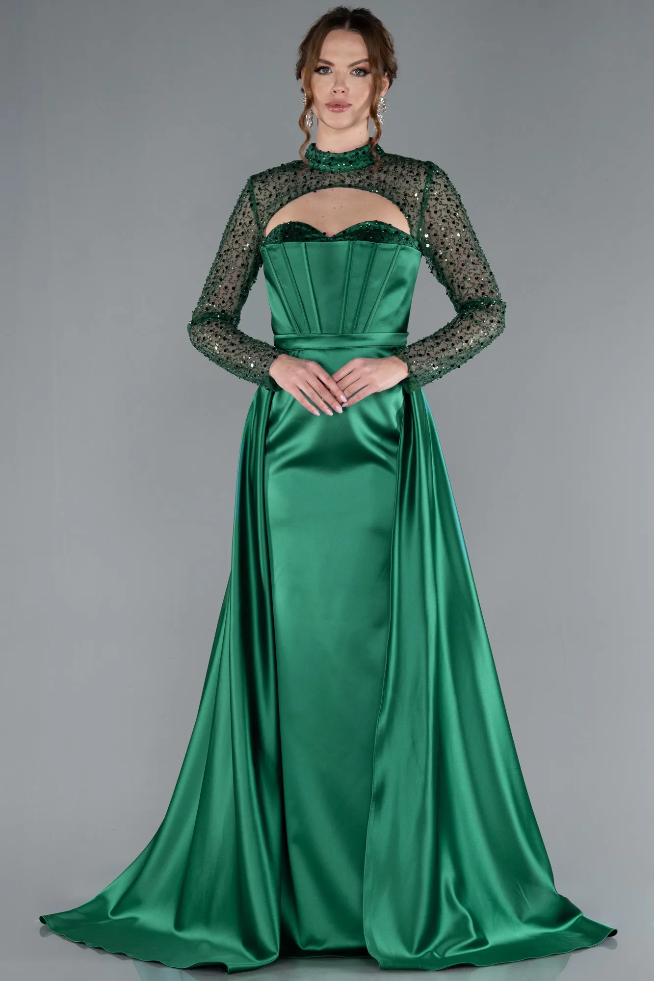 Emerald Green-Long Sleeve Bustier Detailed Sequin Train Satin Evening Gown ABU4765