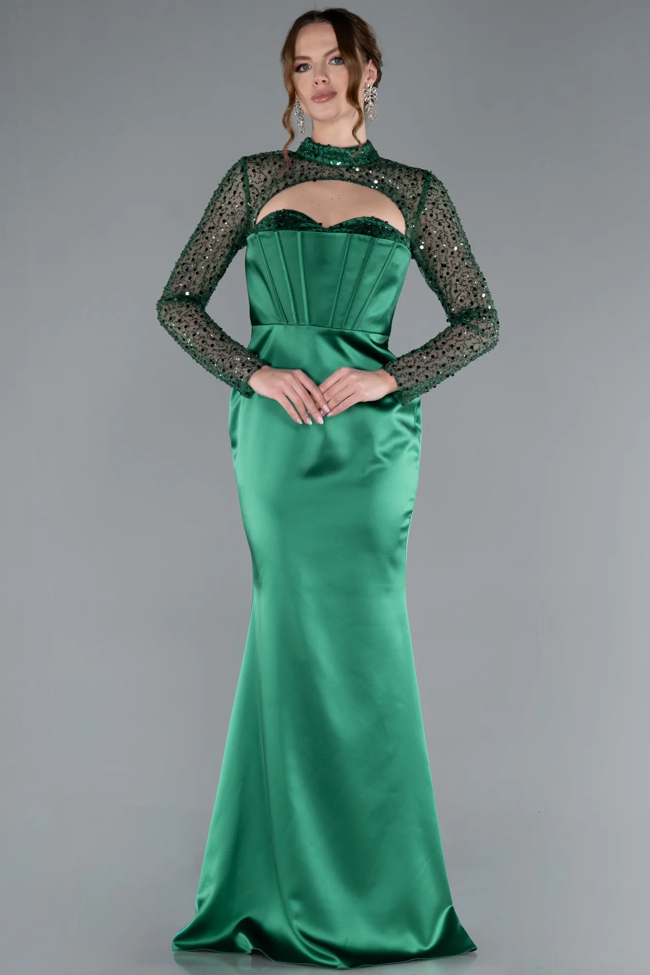 Emerald Green-Long Sleeve Bustier Detailed Sequin Train Satin Evening Gown ABU4765