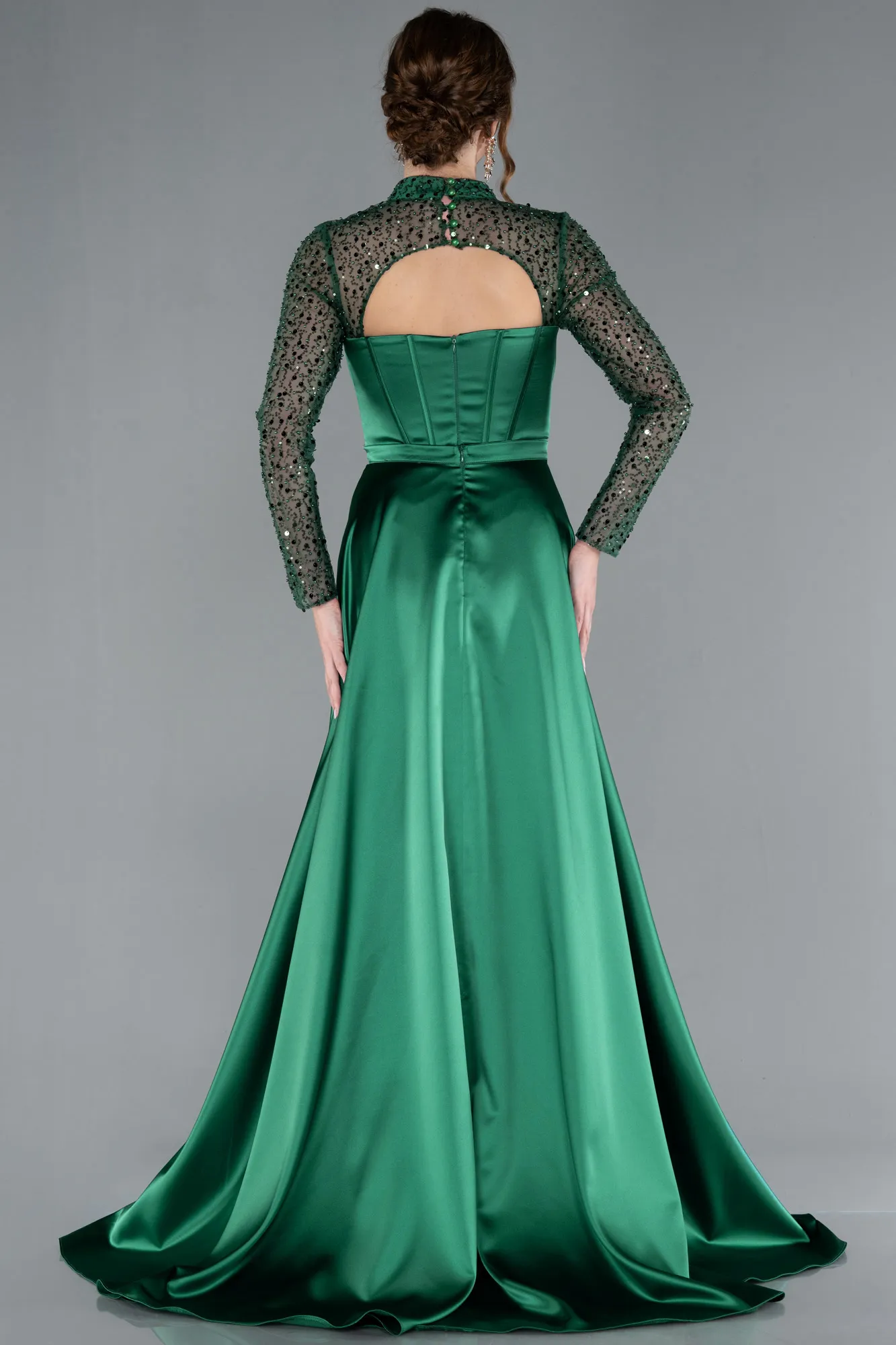 Emerald Green-Long Sleeve Bustier Detailed Sequin Train Satin Evening Gown ABU4765