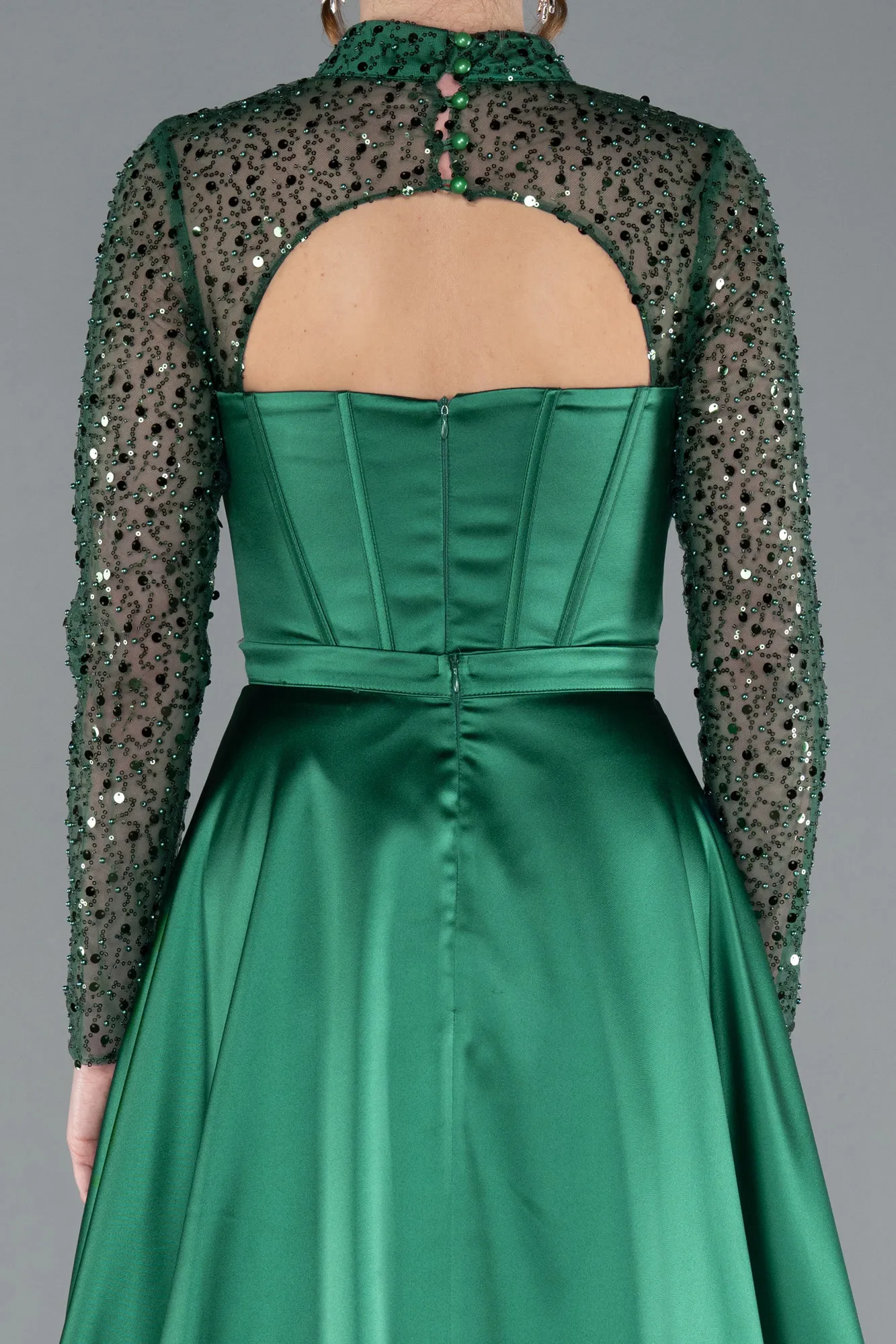 Emerald Green-Long Sleeve Bustier Detailed Sequin Train Satin Evening Gown ABU4765