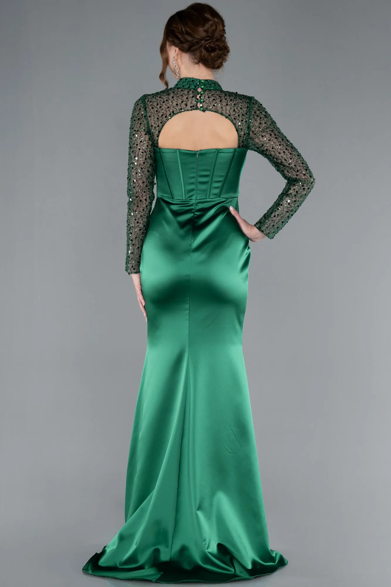 Emerald Green-Long Sleeve Bustier Detailed Sequin Train Satin Evening Gown ABU4765